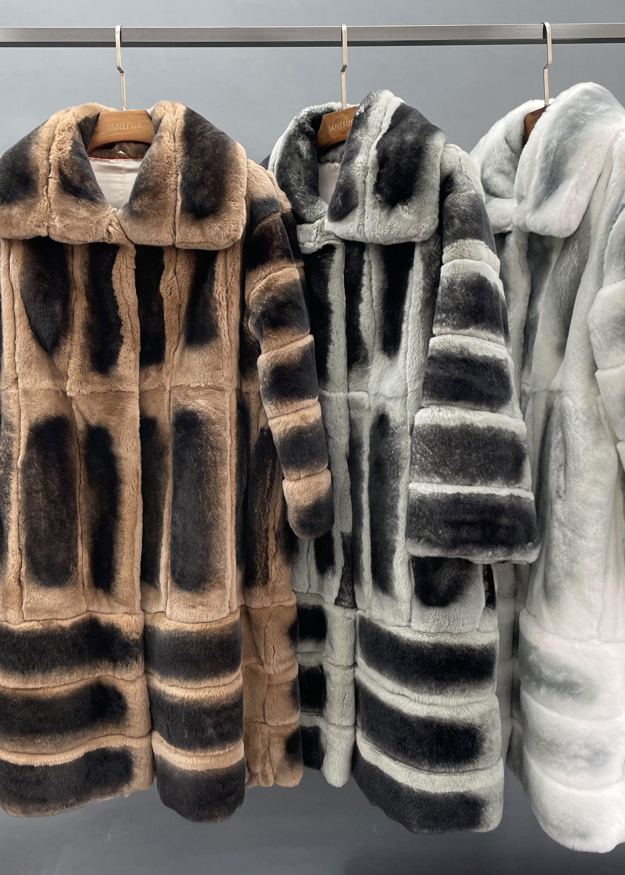 Janefur 2026 Ladies' Square Collar Real Rex Rabbit Fur Coat With Vertical & Horizontal Stripe Detail Wholesale