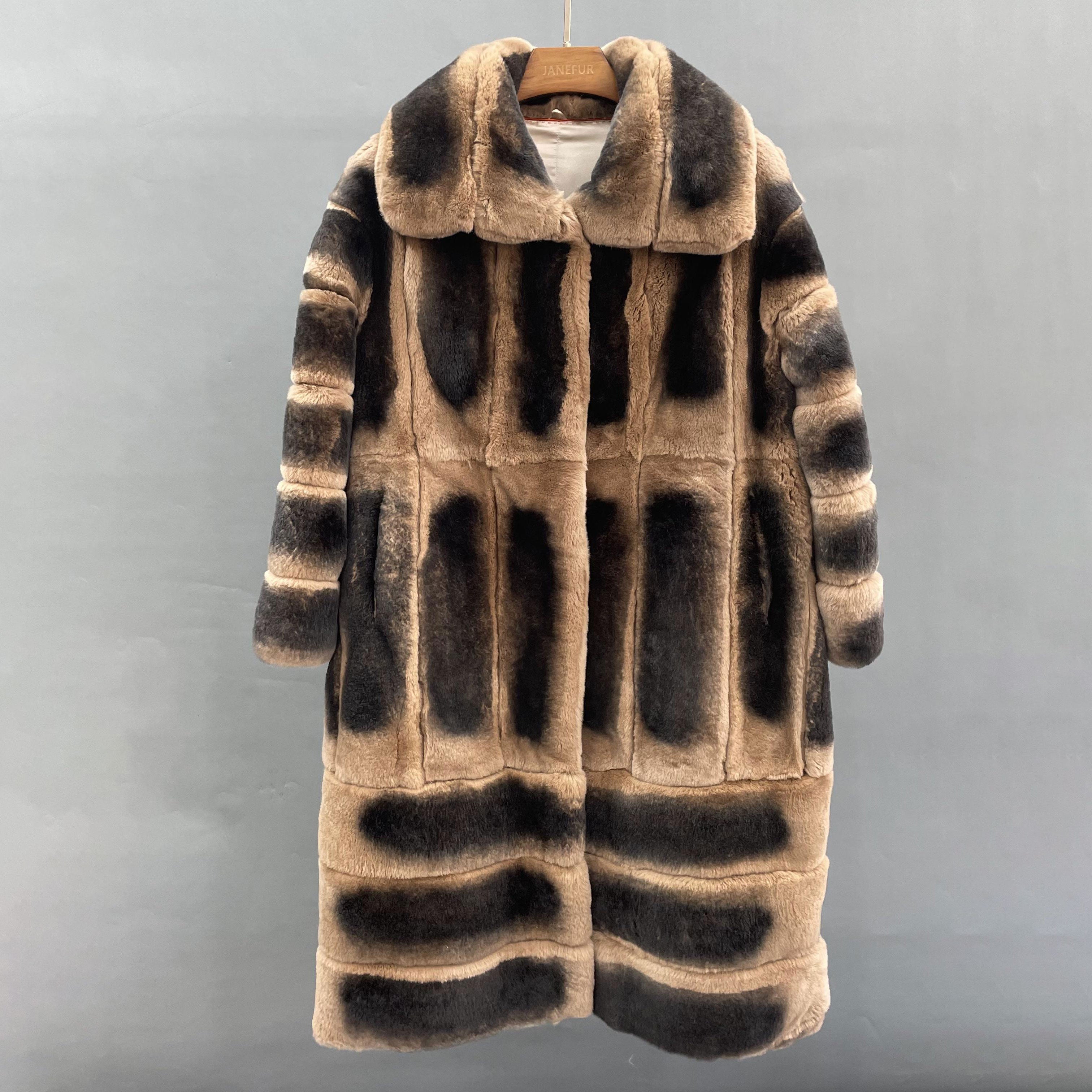 Janefur 2026 Ladies' Square Collar Real Rex Rabbit Fur Coat With Vertical & Horizontal Stripe Detail Wholesale #1 Light Brown + Black