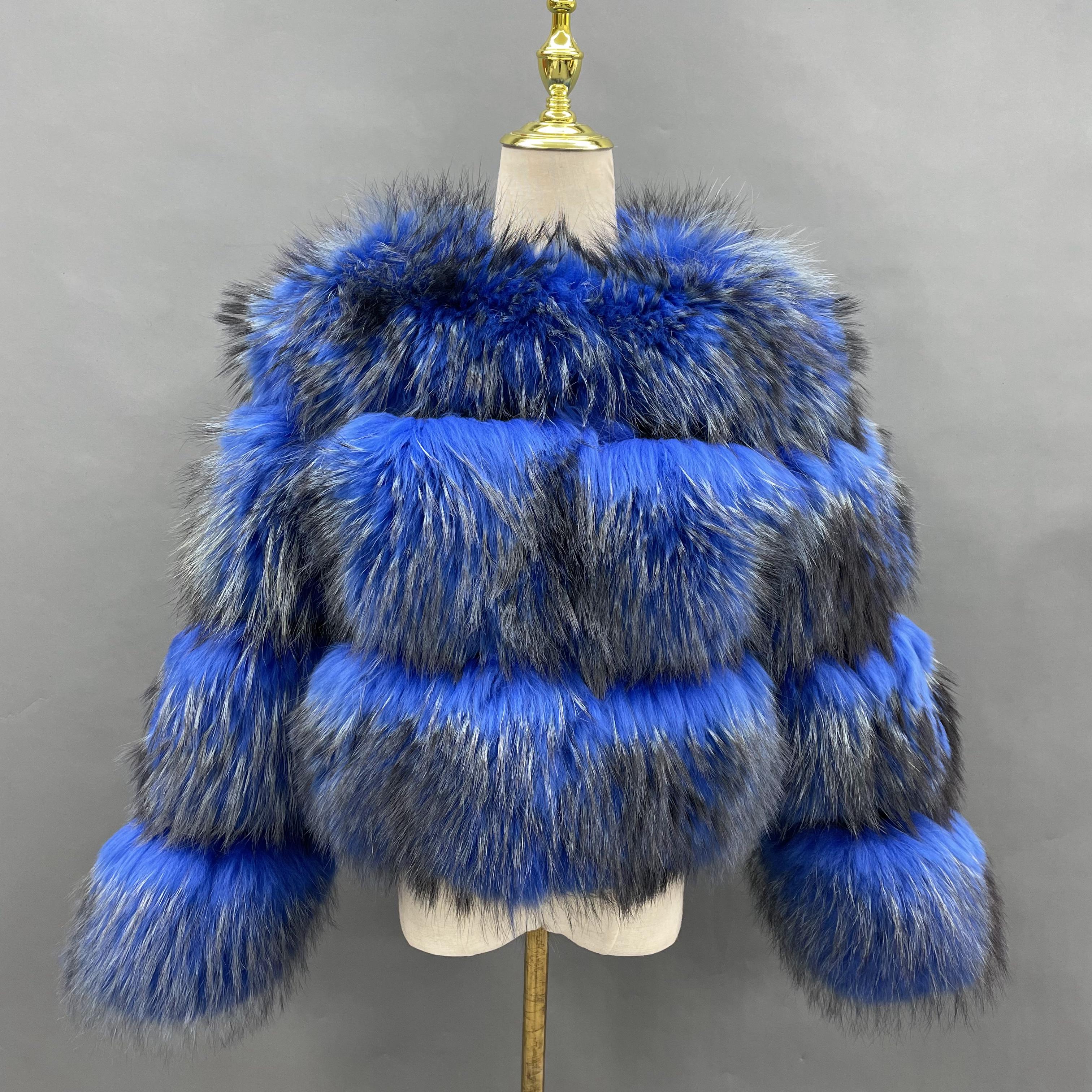 Manufacturer Wholesale Colorful Party Style Three Section Women's Real Raccoon Fur Jacket #1 Midnight Blue