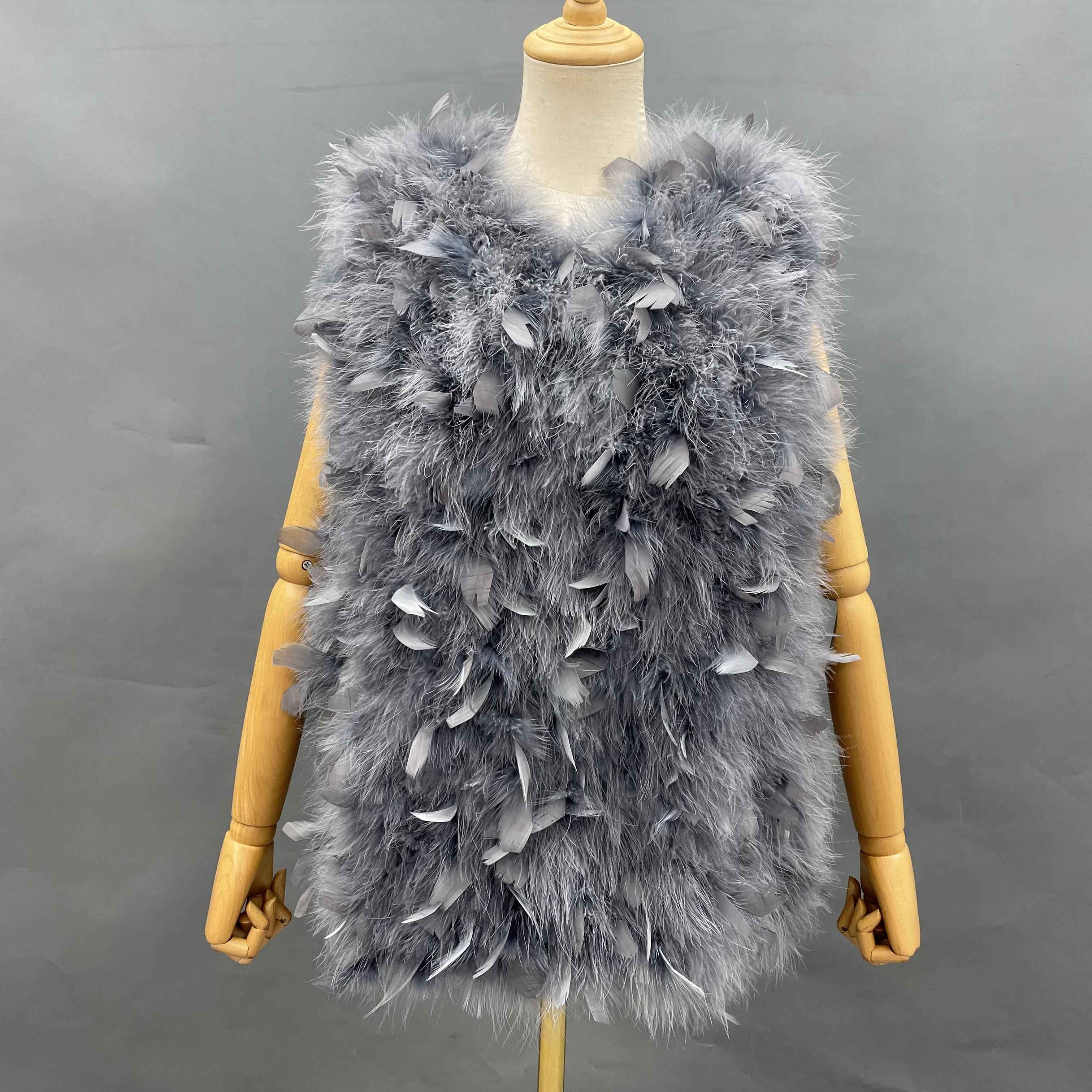 Janefur Wholesale Ladies' Luxury Ostrich & Turkey Feather Sleeveless Short Vest #1 Gray