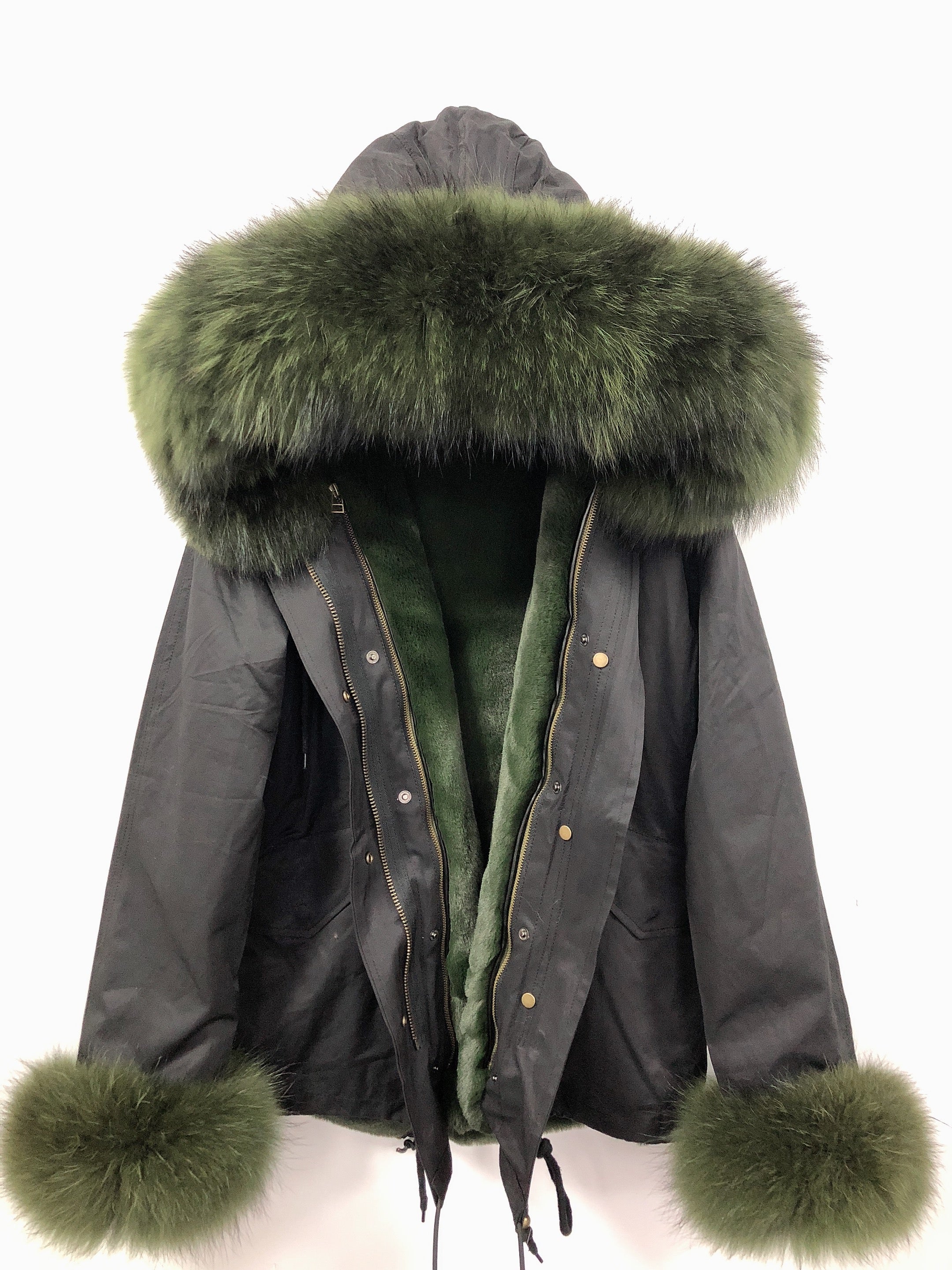 Short Faux Fur Parka – Winter Jacket with Fake Fur Collar & Pom Poms, Warm Outdoor Coat for Cold Weather 8#Black