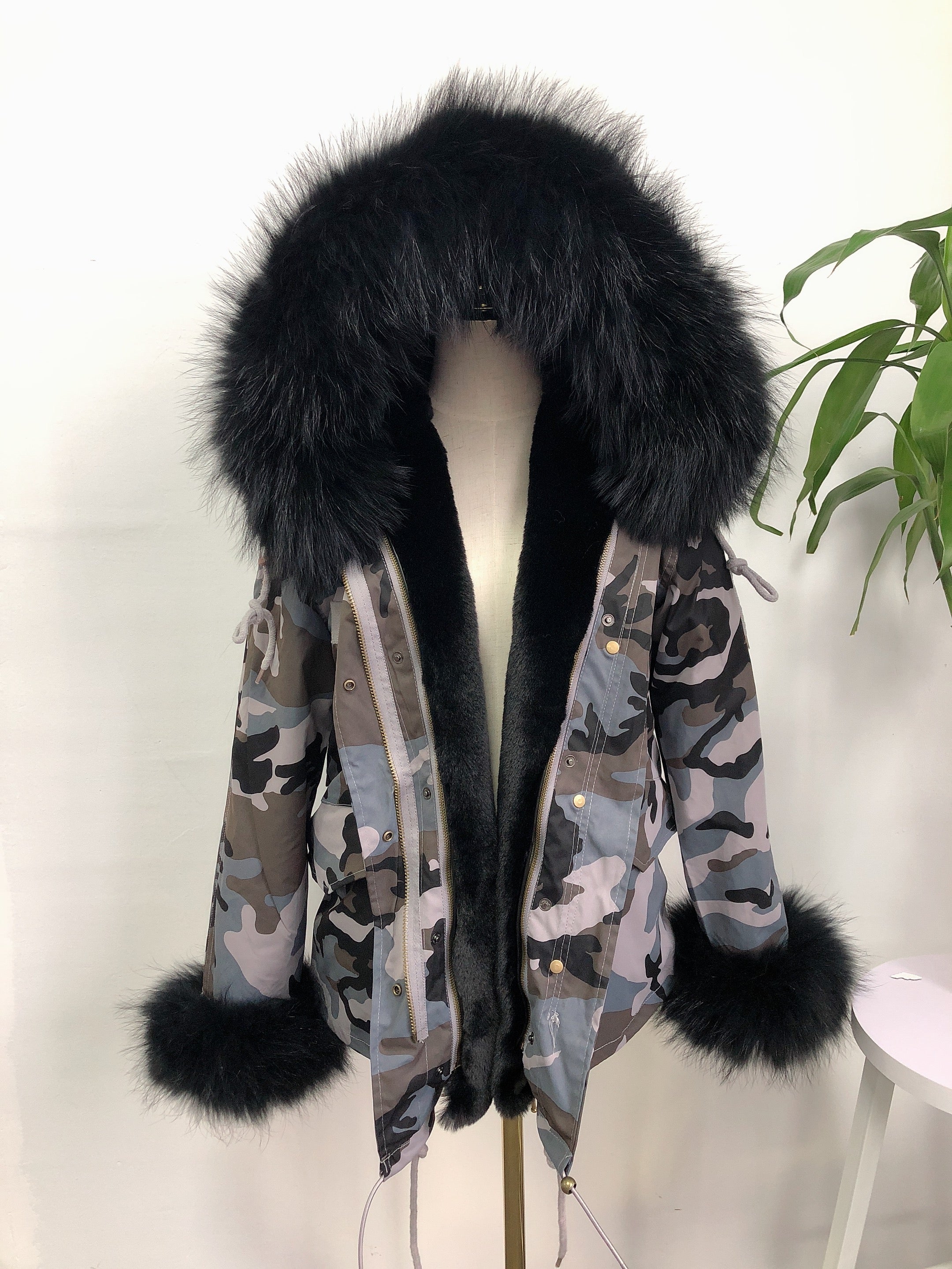 Short Faux Fur Parka – Winter Jacket with Fake Fur Collar & Pom Poms, Warm Outdoor Coat for Cold Weather 7#Grey Camouflage