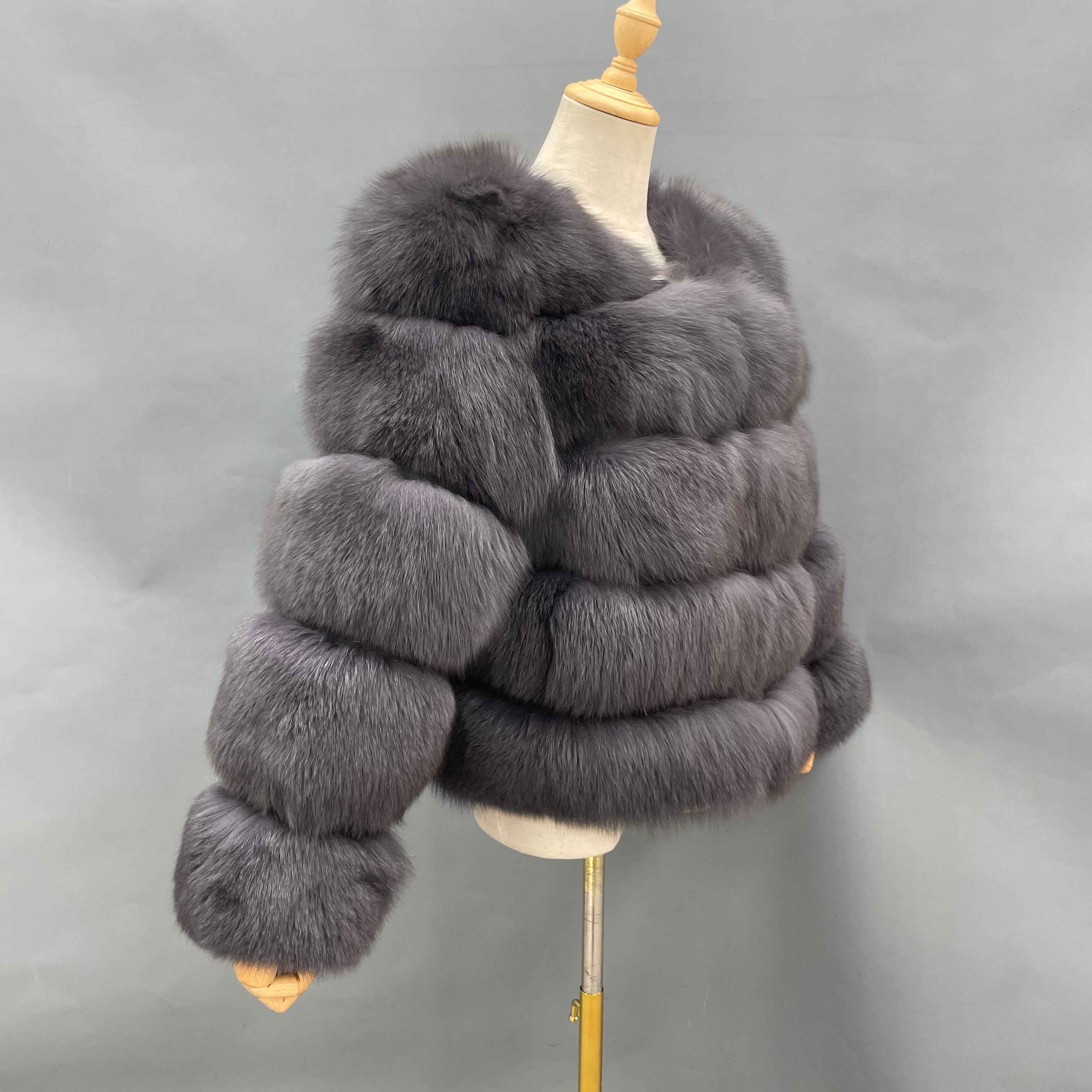Women's Luxury Fox Fur V-Neck Cropped Jacket - Layered Design Winter Warm Fashion Outerwear
