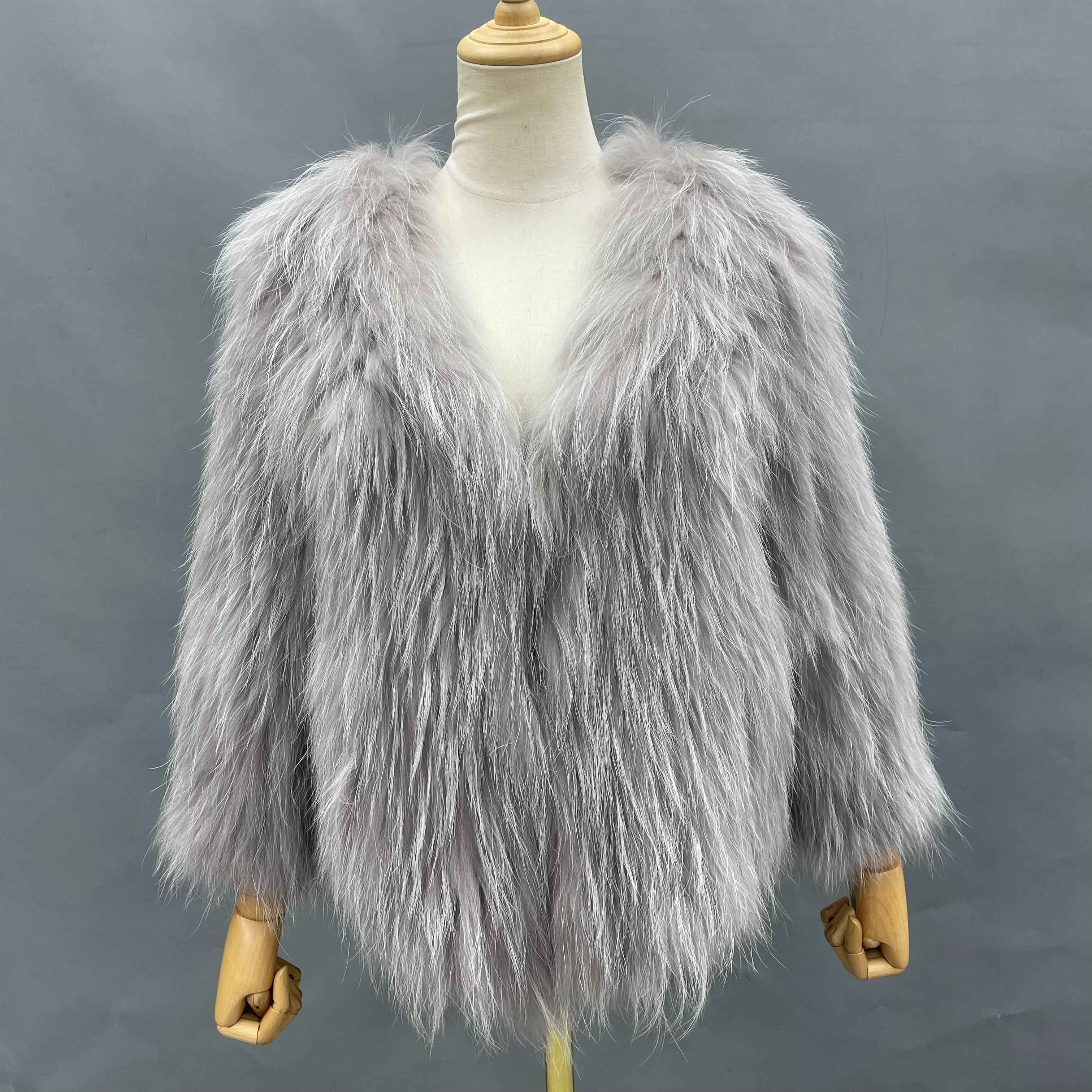 Women's Luxurious Raccoon Dog Fur Knitted Coat with V-Neck - Winter Fashion Outerwear