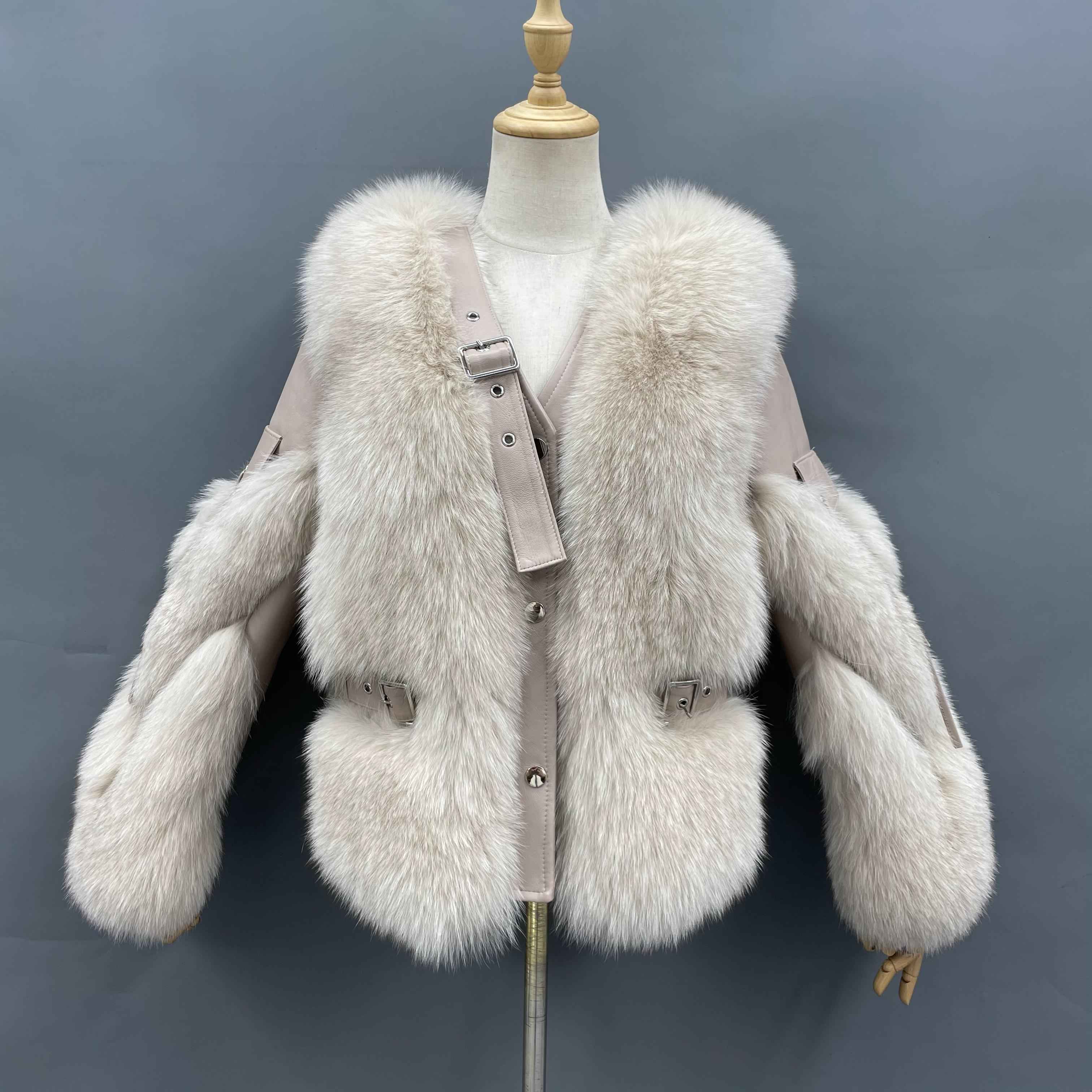 Women's Luxury Fox Fur V-Neck Cropped Jacket with Decorative Leather Strap & Leather Patchwork - Winter Fashion Warm Outerwear Beige