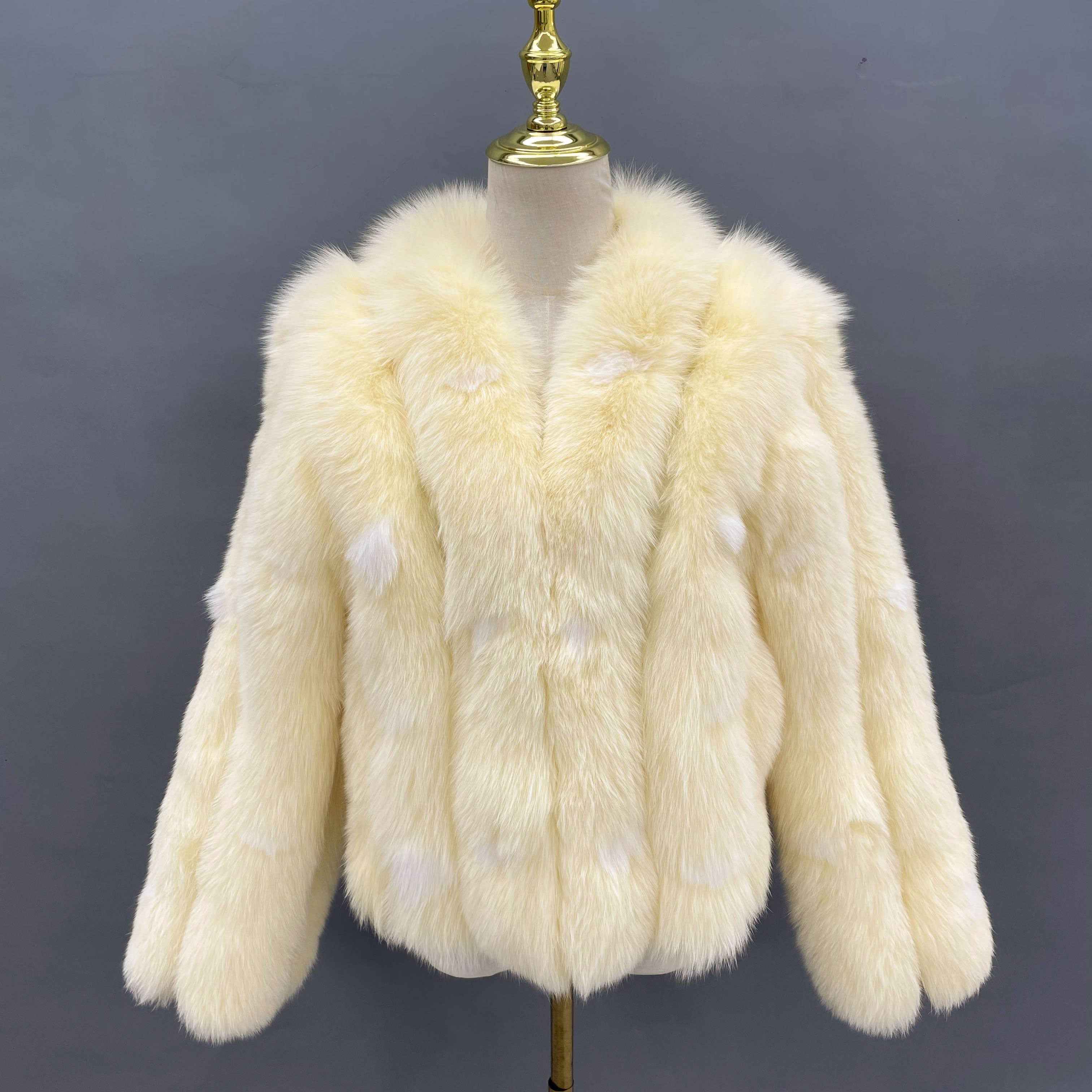 Women’s White Fox Fur Jacket with Black Spots – Elegant V-Neck Short Coat for Luxury Winter Fashion 5#Yellow