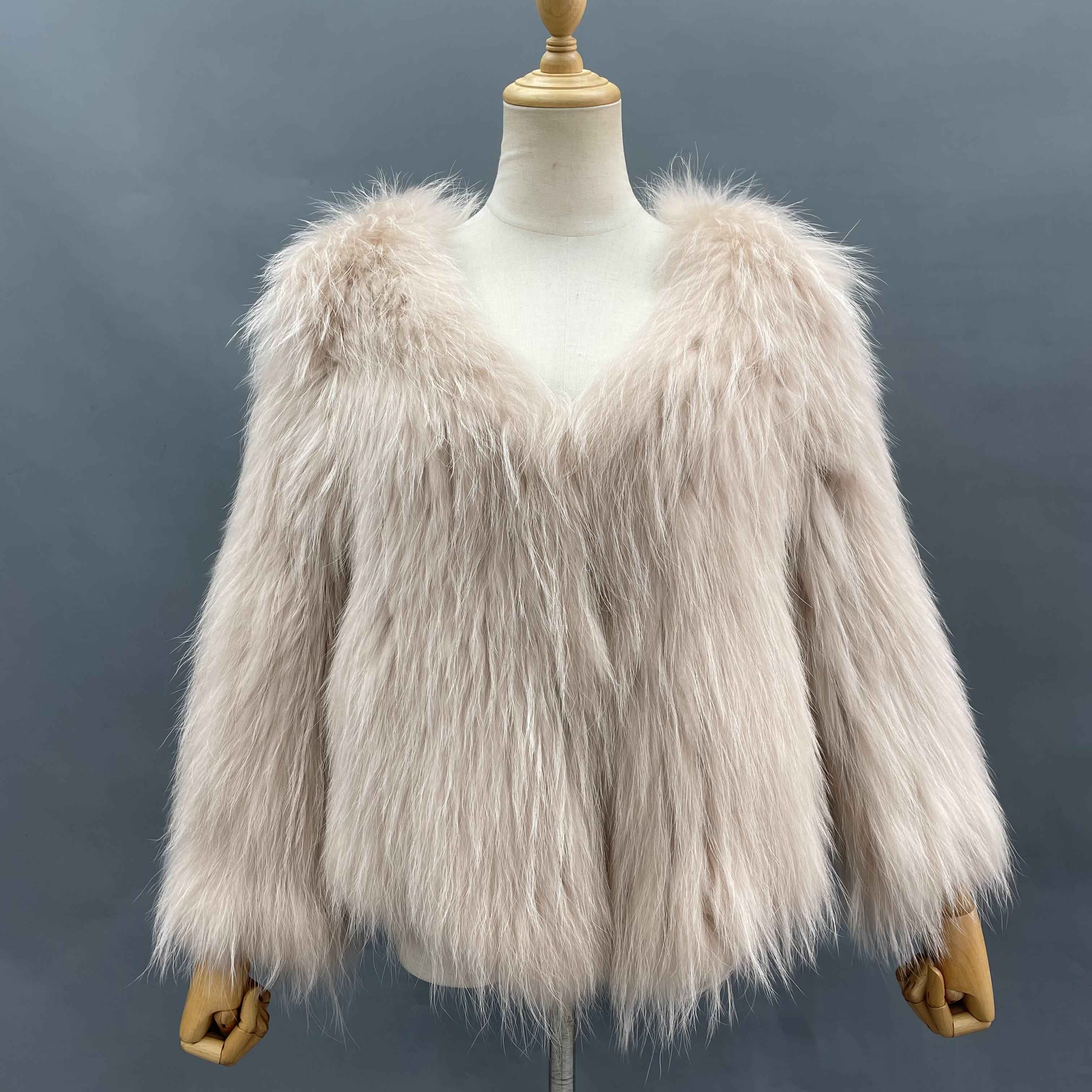 Women's Luxurious Raccoon Dog Fur Knitted Coat with V-Neck - Winter Fashion Outerwear