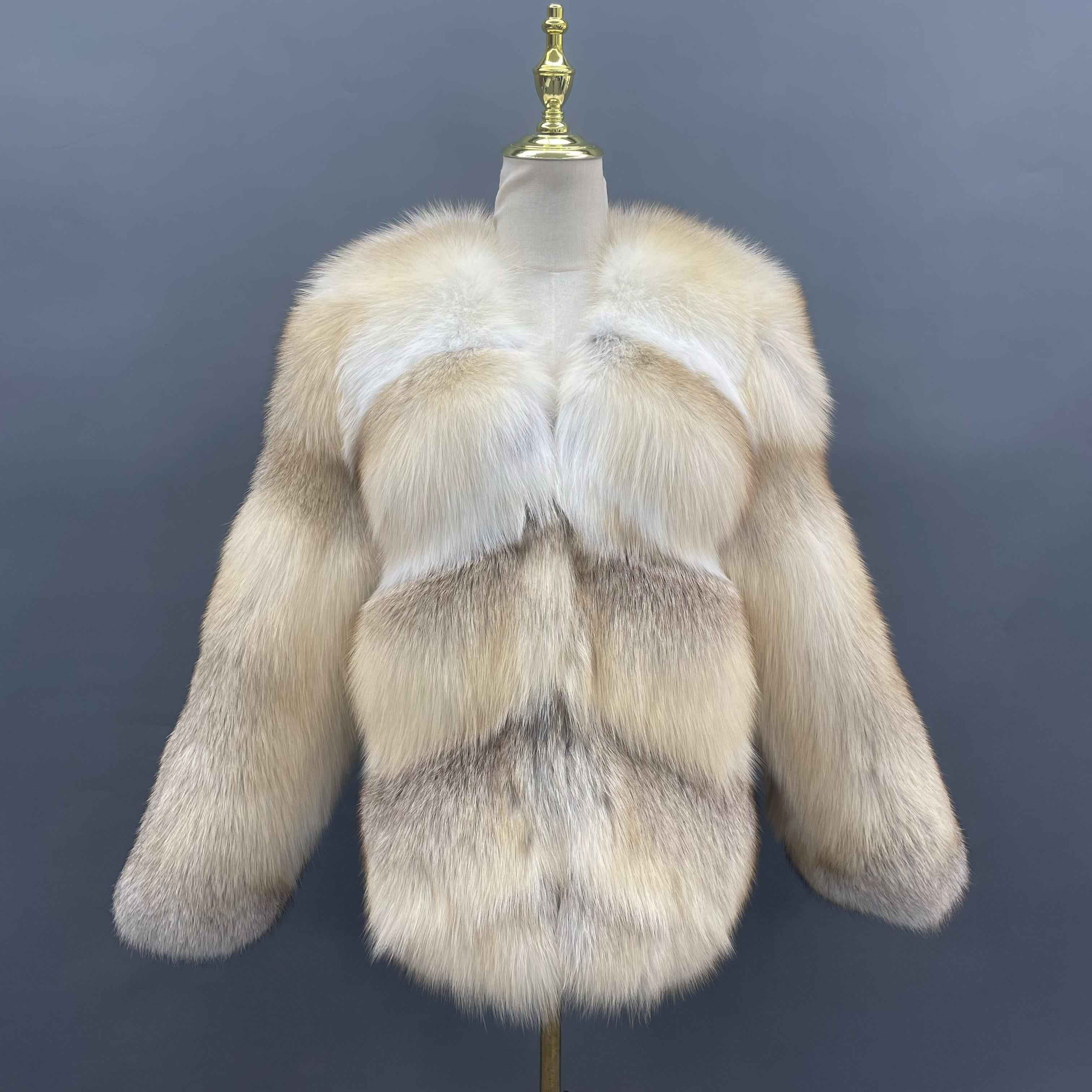 Women’s Golden Island Fox Full-Pelt Jacket – Elegant V-Neck Coat in Natural Fur for Luxury Winter Fashion
