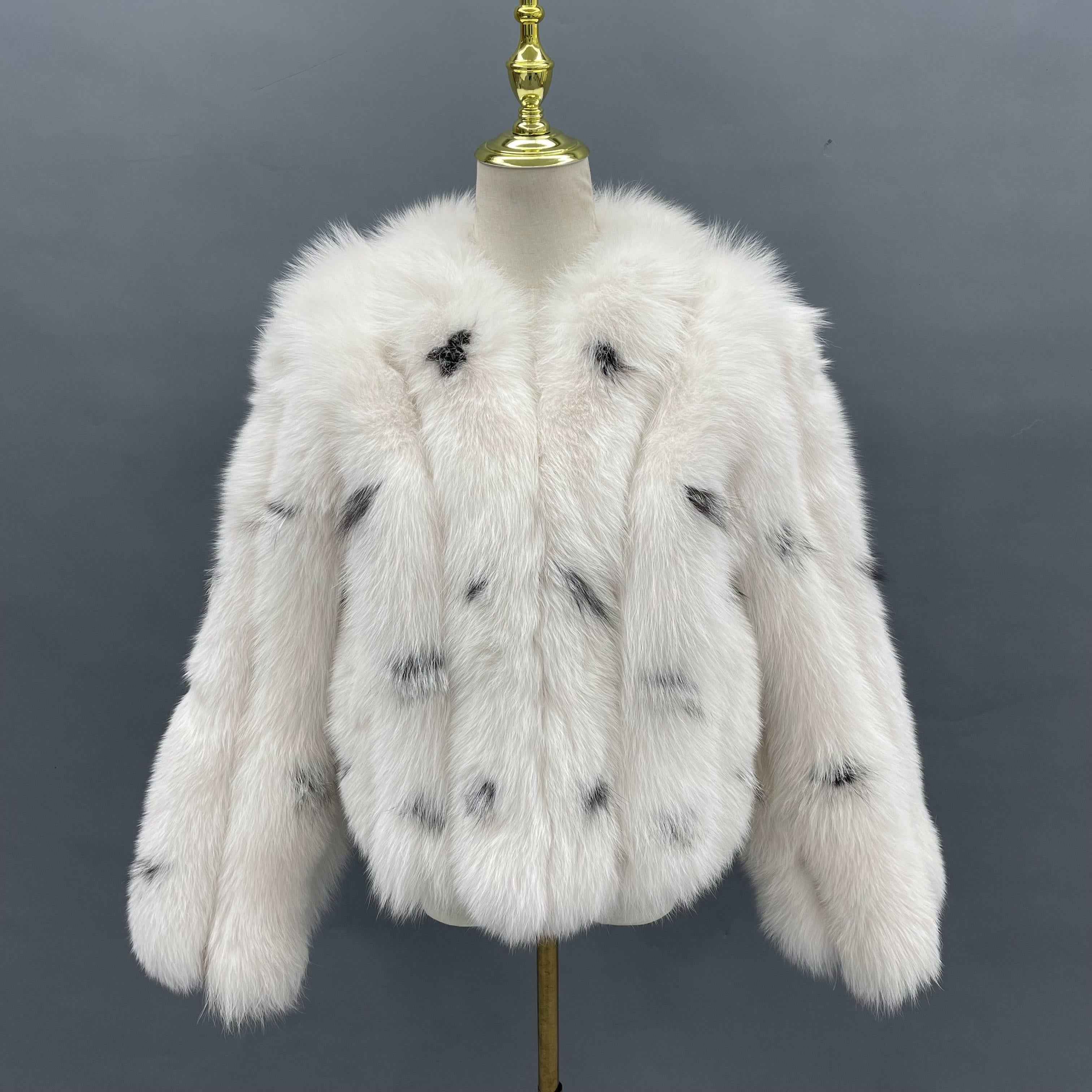 Women’s White Fox Fur Jacket with Black Spots – Elegant V-Neck Short Coat for Luxury Winter Fashion 1#White