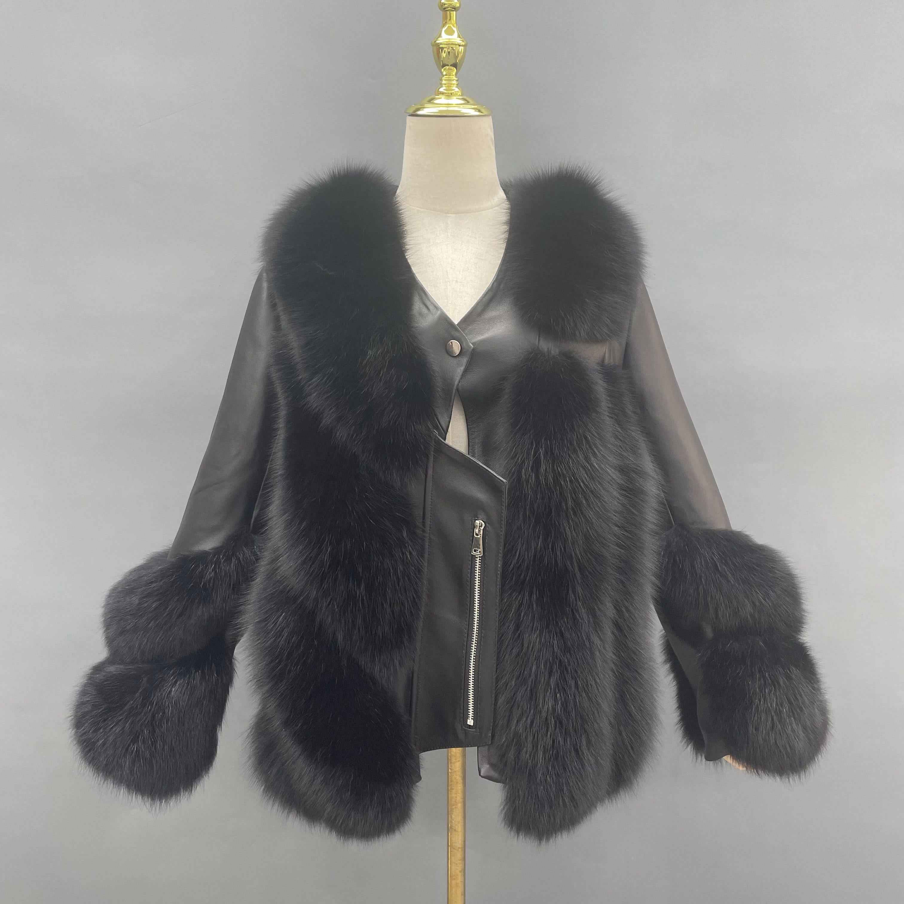 Women’s Black Leather Jacket with Fox Fur Trim – V-Neck Single Button Coat for Luxury Winter Fashion