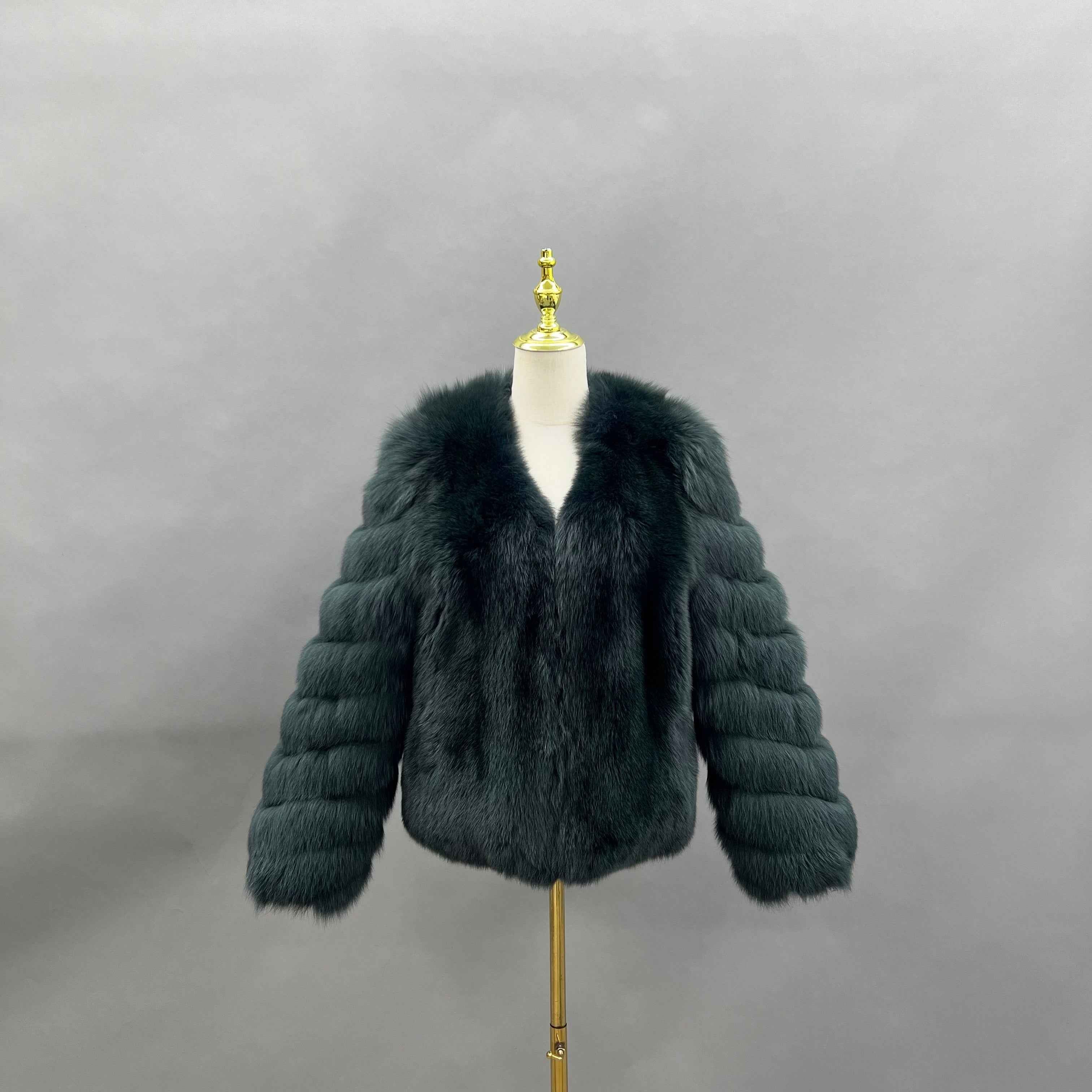 Luxury Red Fox Fur Jacket with V-Neck and Ribbed Cuffs – Short Women’s Winter Fur Coat