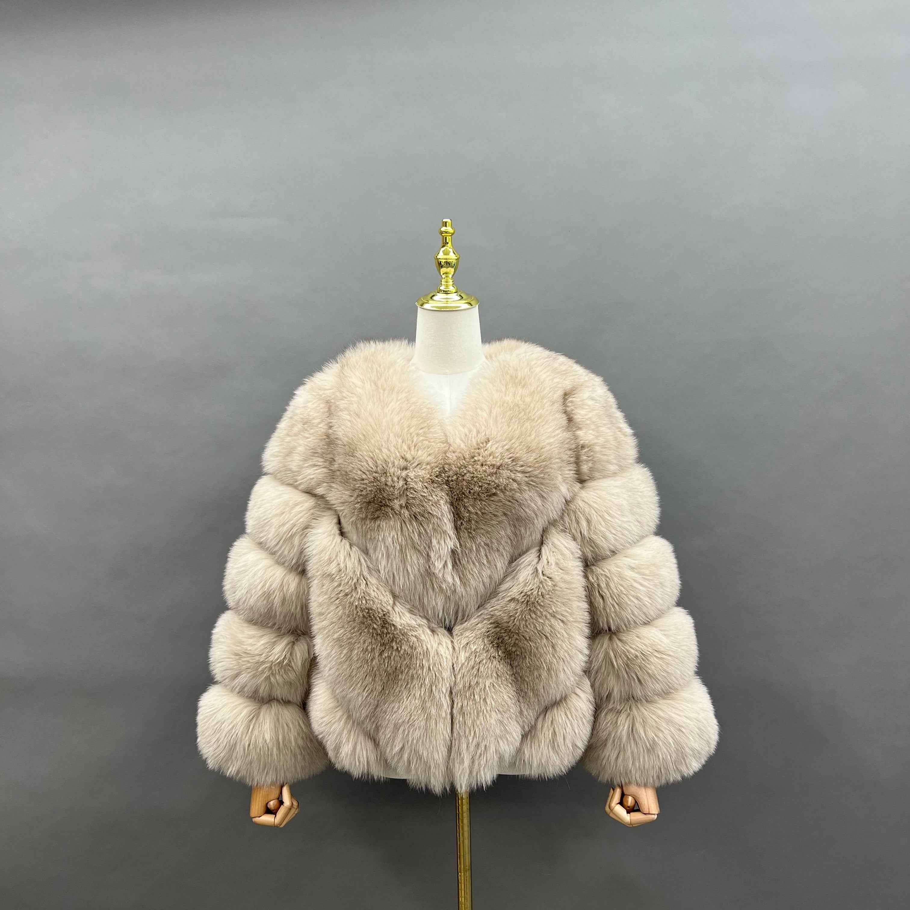 Luxury Blue Fox Fur Jacket with V-Neck and Chevron Stitching – Short Women’s Winter Fur Coat