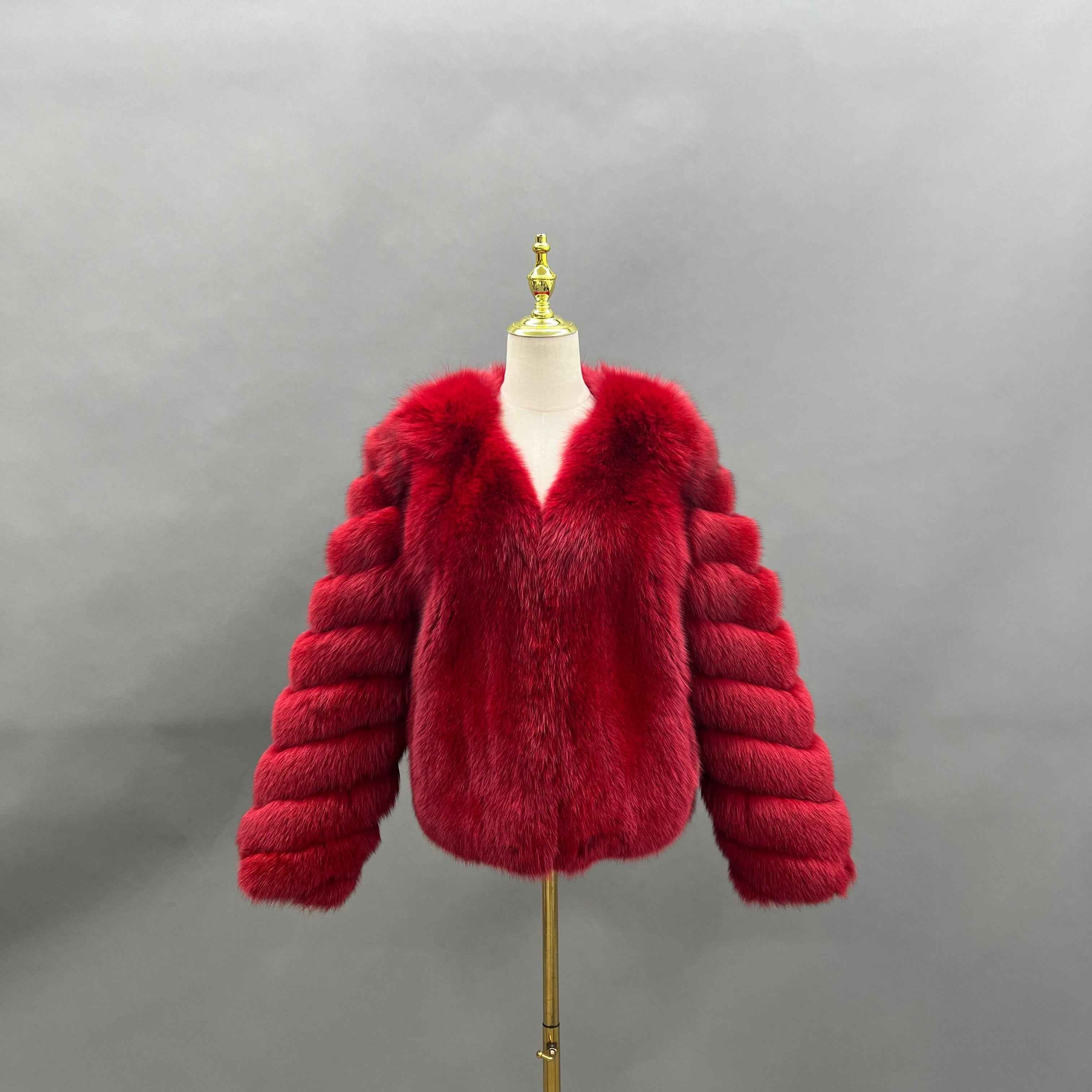 Luxury Red Fox Fur Jacket with V-Neck and Ribbed Cuffs – Short Women’s Winter Fur Coat