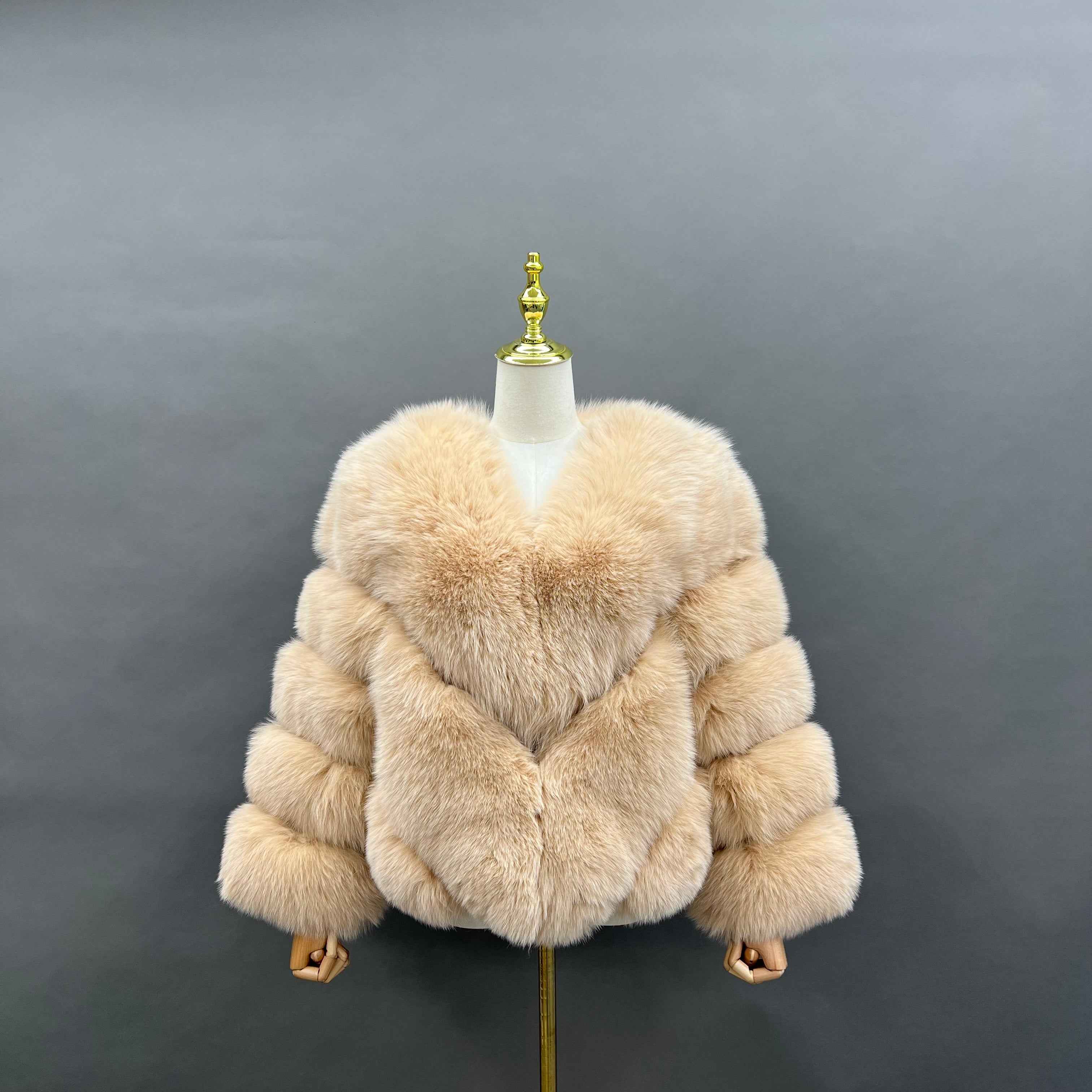 Luxury Blue Fox Fur Jacket with V-Neck and Chevron Stitching – Short Women’s Winter Fur Coat