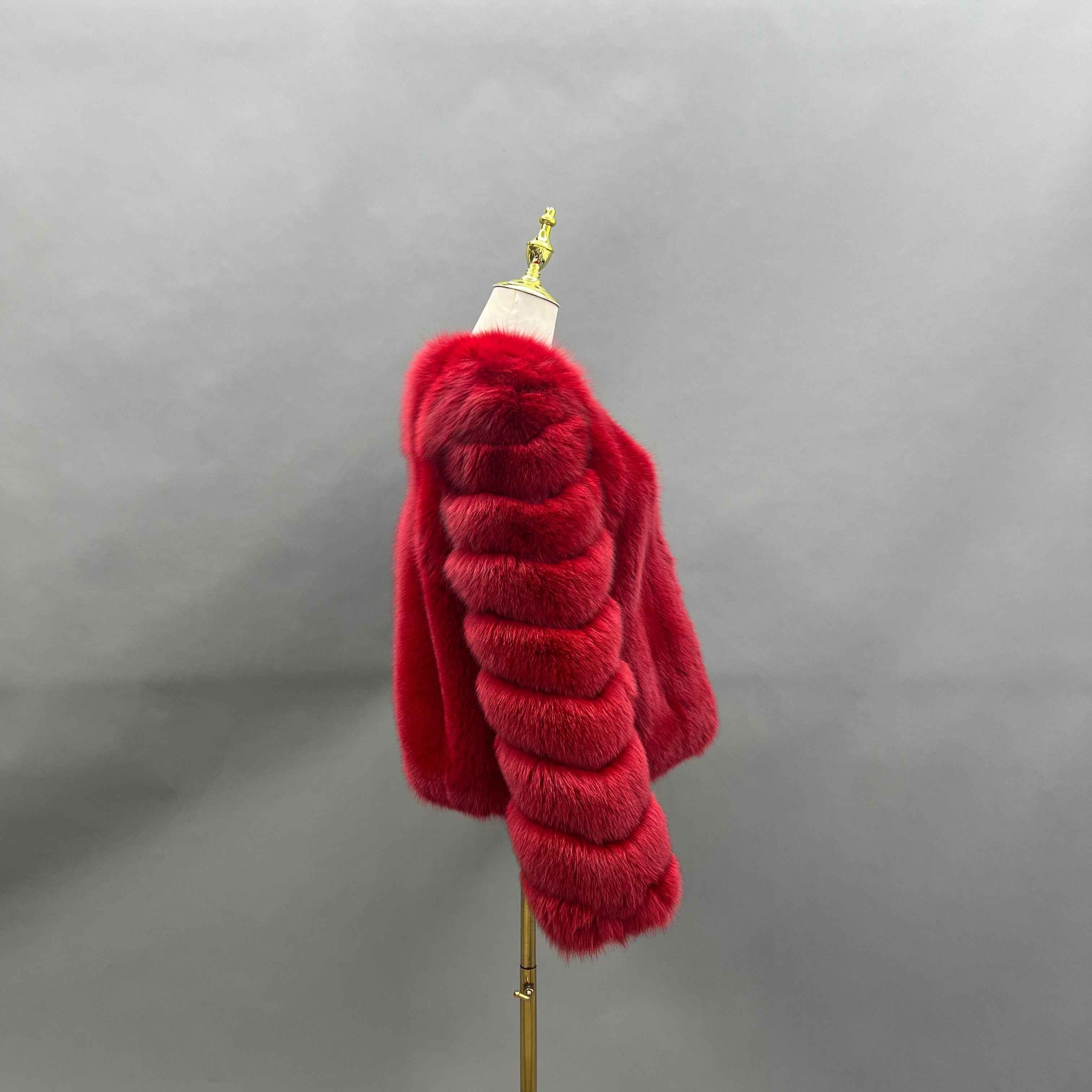 Luxury Red Fox Fur Jacket with V-Neck and Ribbed Cuffs – Short Women’s Winter Fur Coat