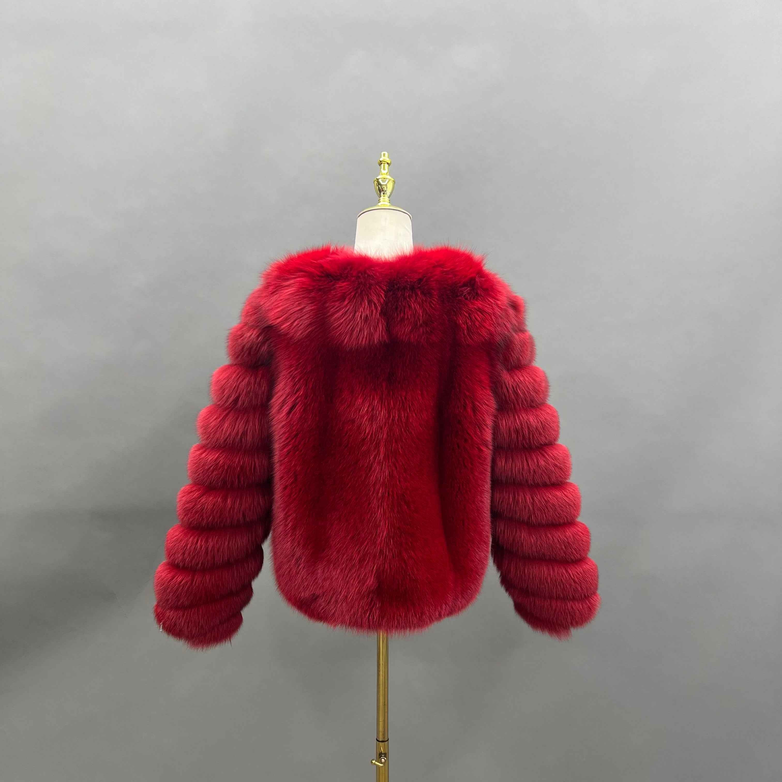 Luxury Red Fox Fur Jacket with V-Neck and Ribbed Cuffs – Short Women’s Winter Fur Coat