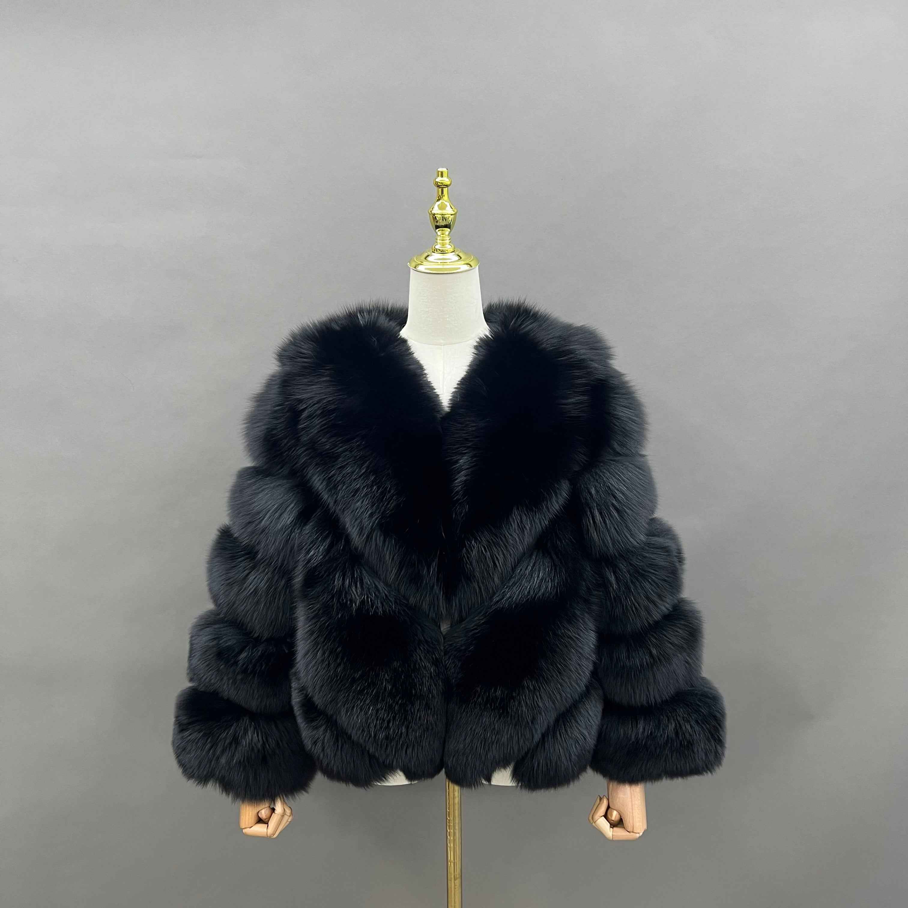 Luxury Blue Fox Fur Jacket with V-Neck and Chevron Stitching – Short Women’s Winter Fur Coat