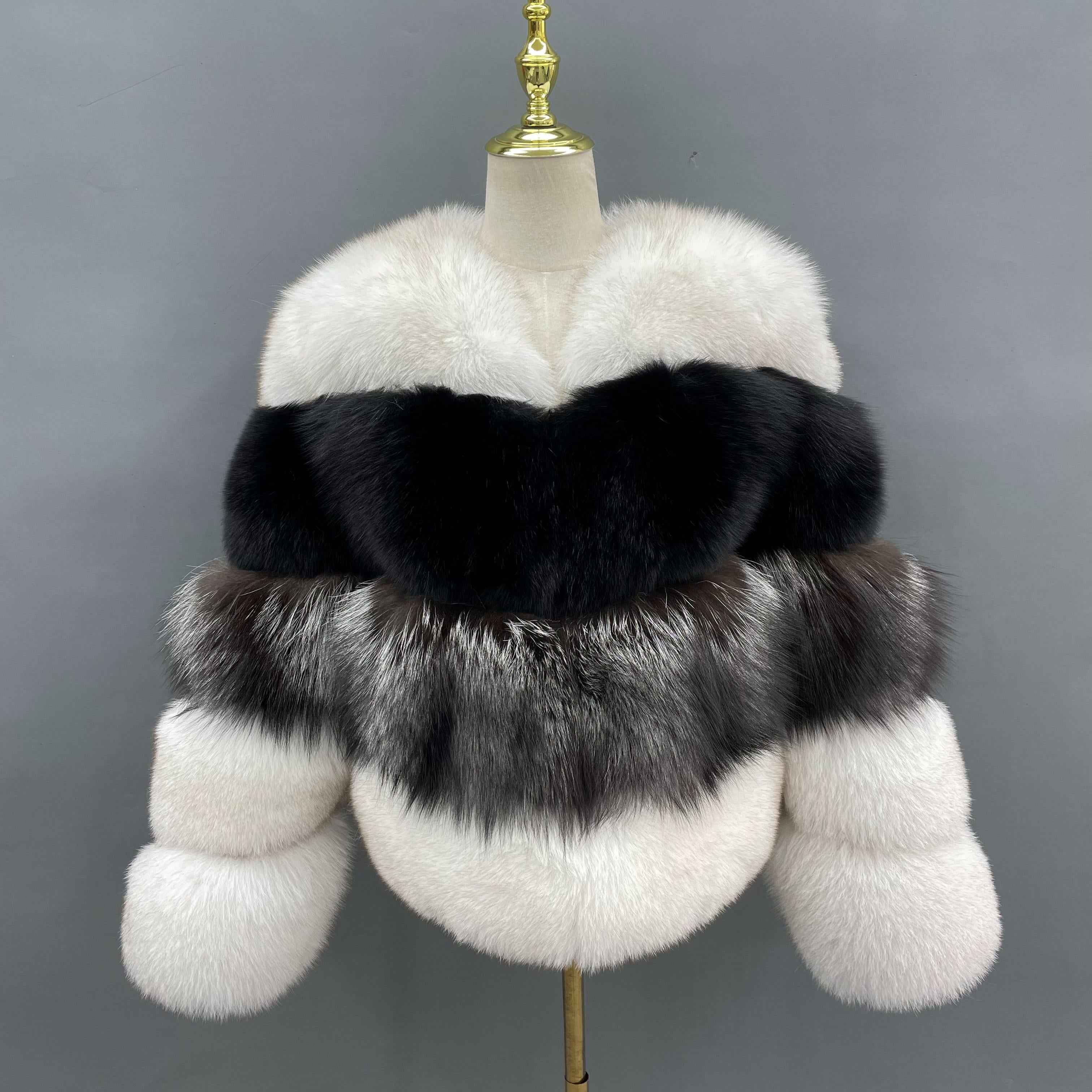 Women's Color-Block Fox Fur Coat – 4-Tone V-Neck Short Jacket with White, Black & Silver Fur Panels, Luxury Winter Fashion Statement Piece 1#