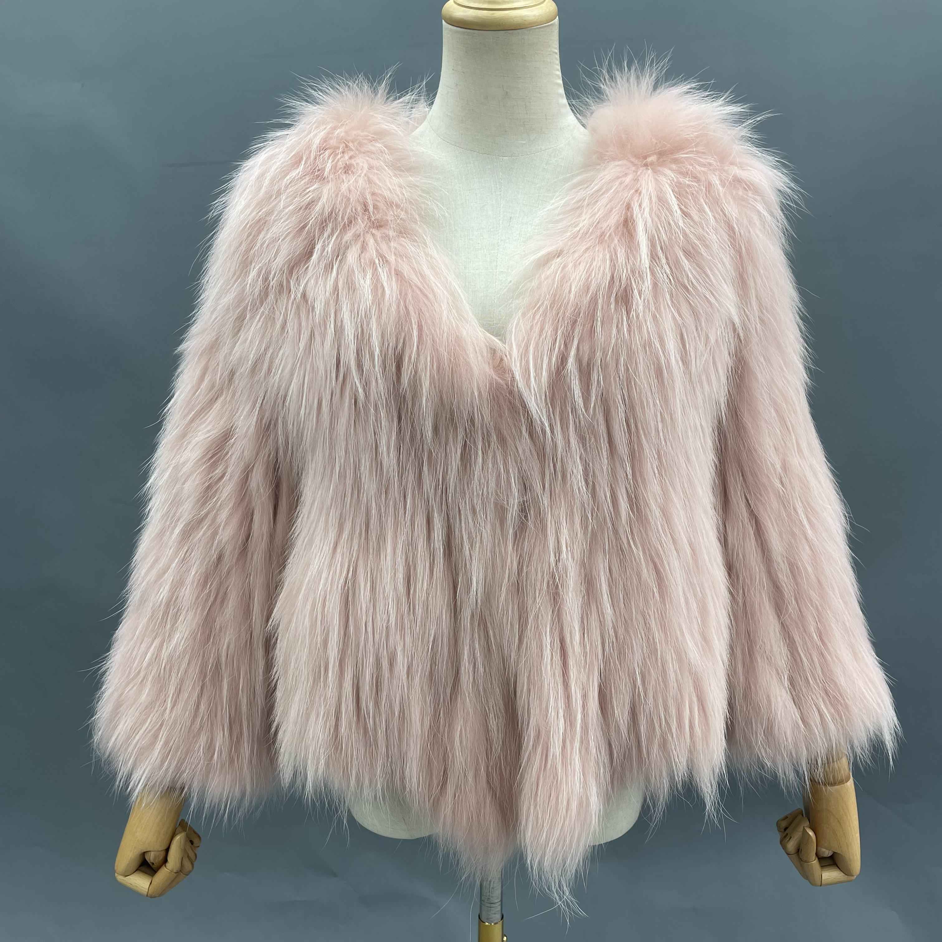 Women's Luxurious Raccoon Dog Fur Knitted Coat with V-Neck - Winter Fashion Outerwear