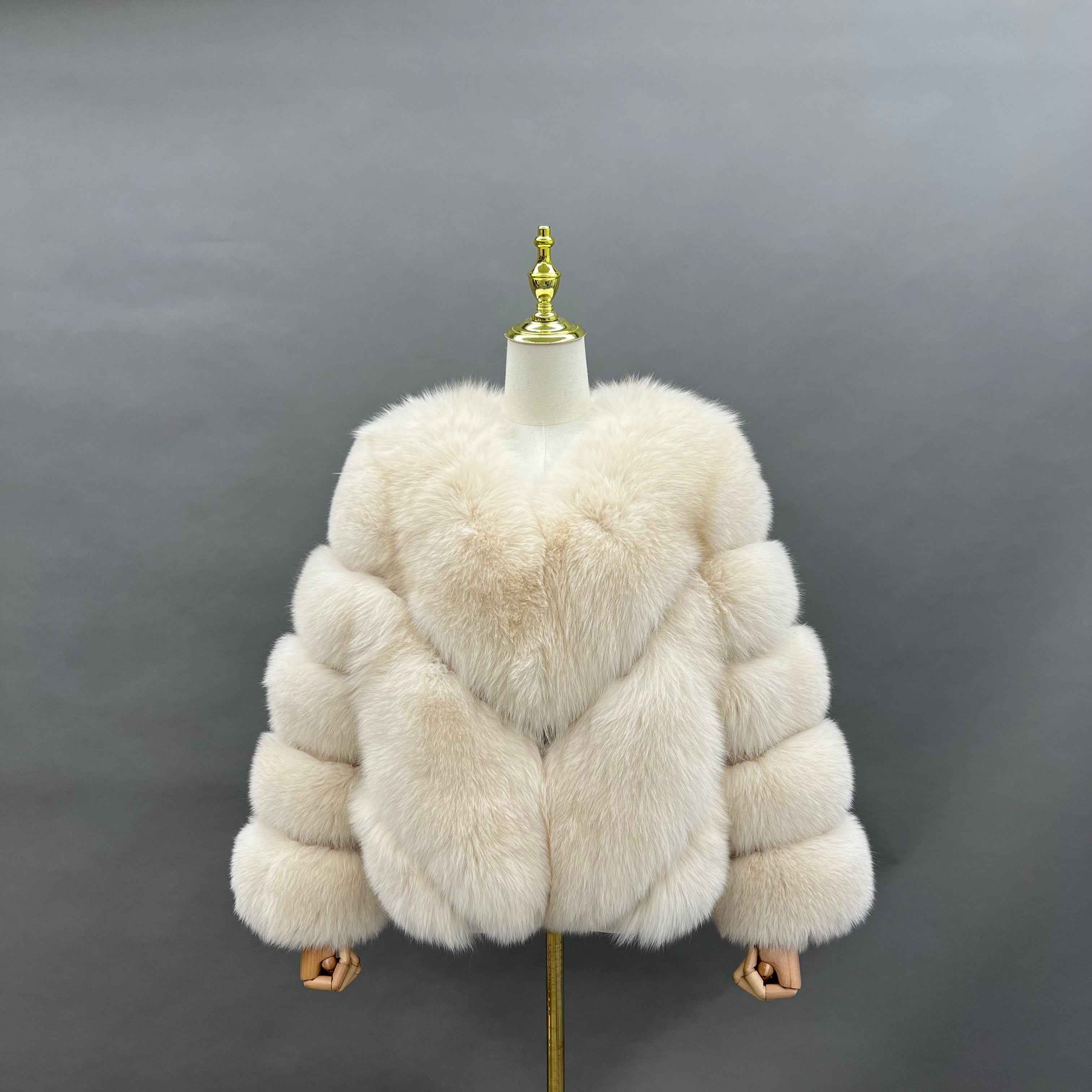 Luxury Blue Fox Fur Jacket with V-Neck and Chevron Stitching – Short Women’s Winter Fur Coat