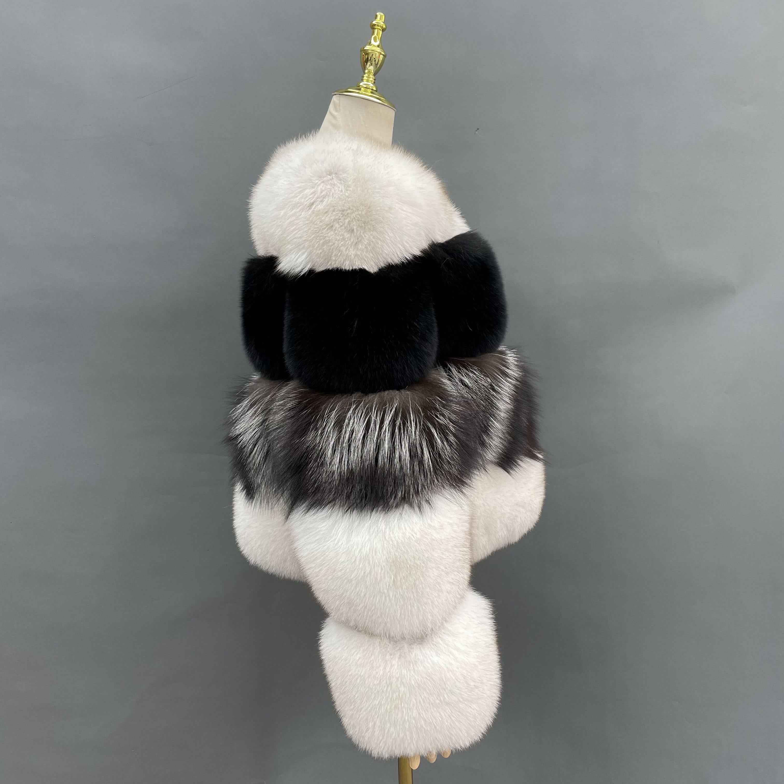 Women's Color-Block Fox Fur Coat – 4-Tone V-Neck Short Jacket with White, Black & Silver Fur Panels, Luxury Winter Fashion Statement Piece