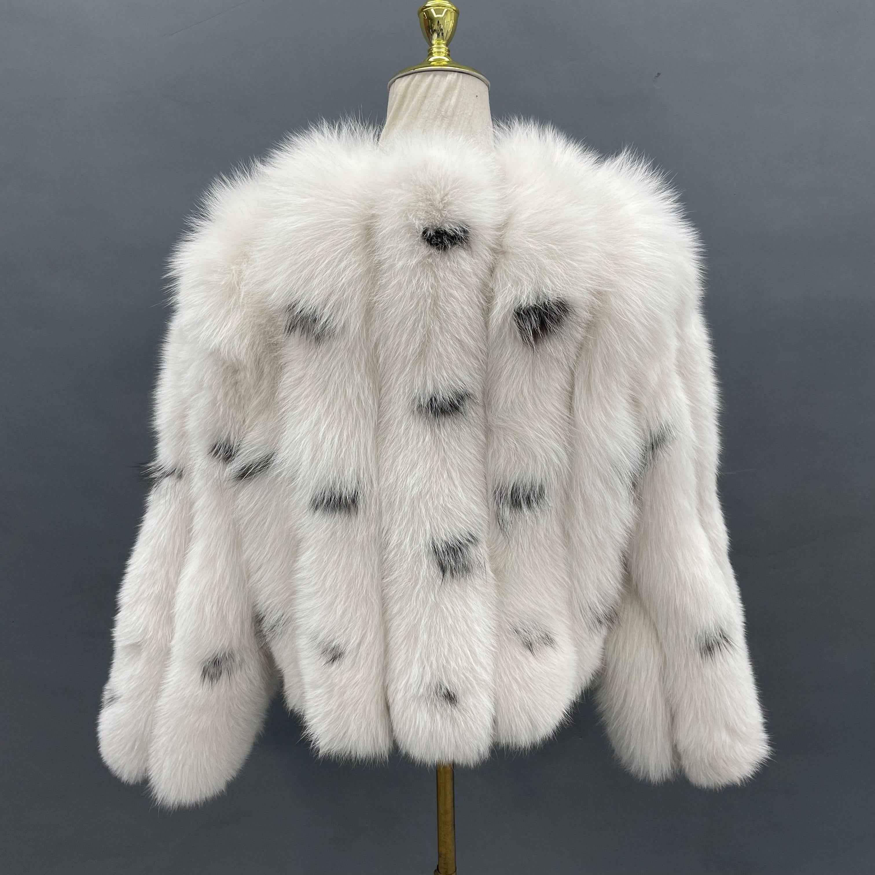 Women’s White Fox Fur Jacket with Black Spots – Elegant V-Neck Short Coat for Luxury Winter Fashion