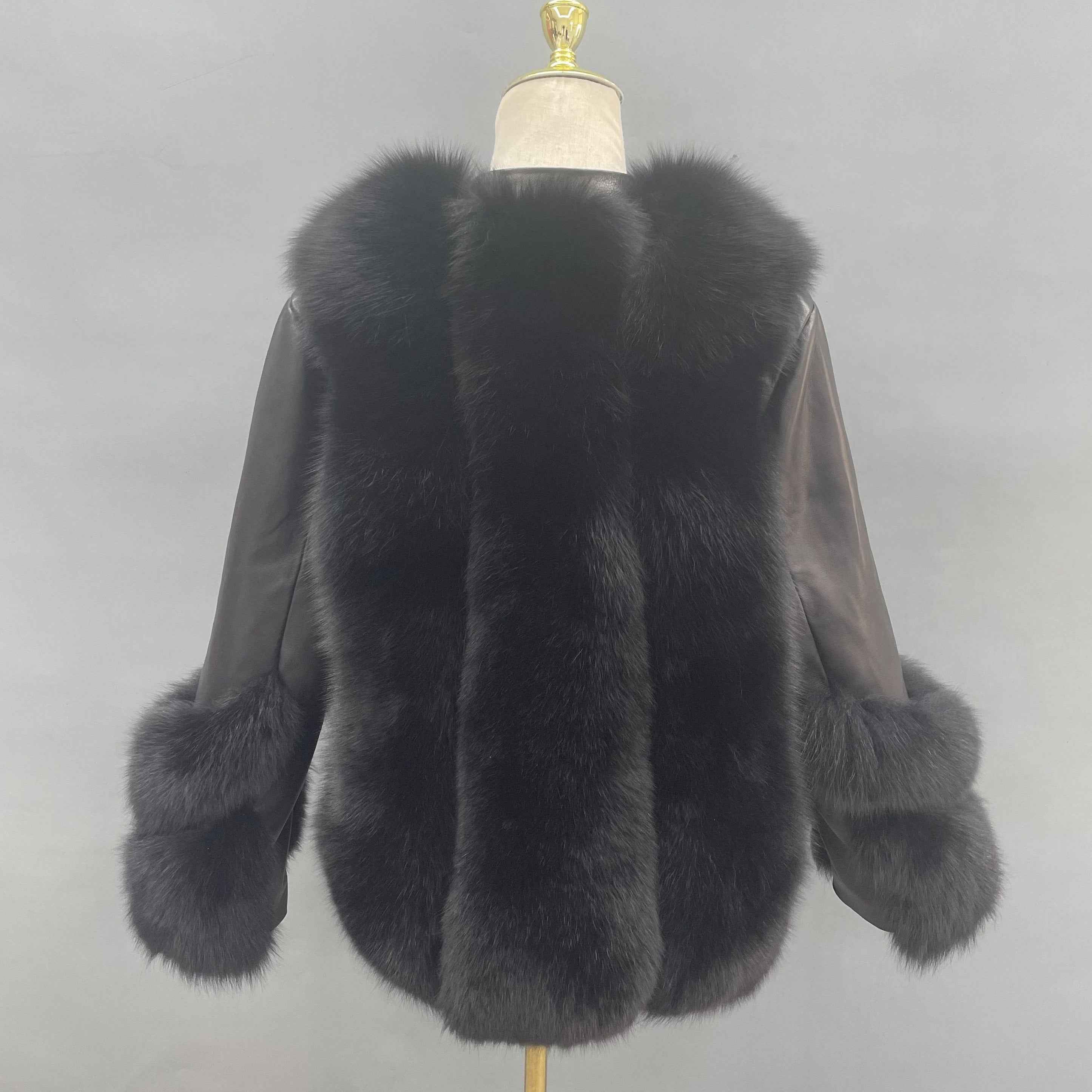 Women’s Black Leather Jacket with Fox Fur Trim – V-Neck Single Button Coat for Luxury Winter Fashion