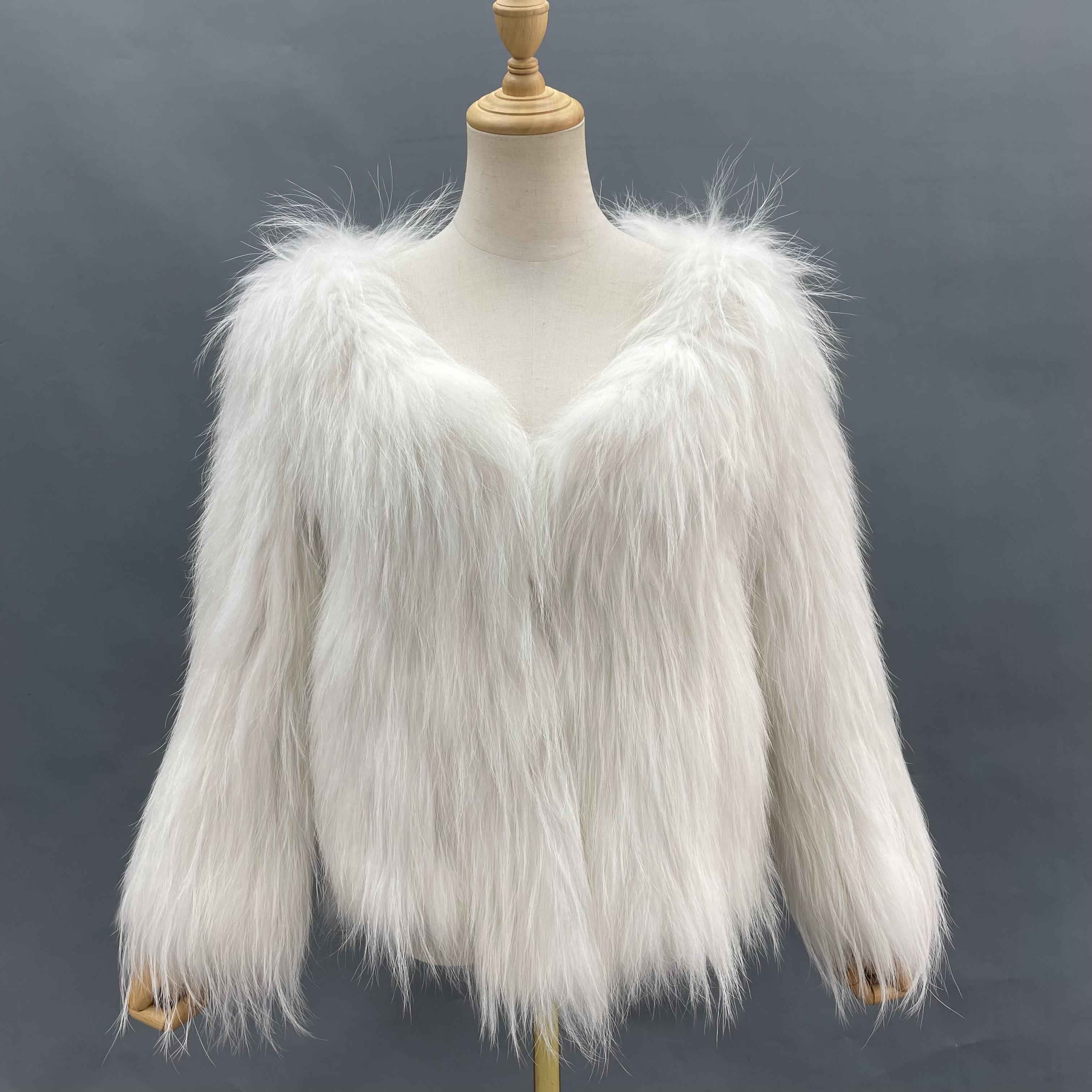 Women's Luxurious Raccoon Dog Fur Knitted Coat with V-Neck - Winter Fashion Outerwear