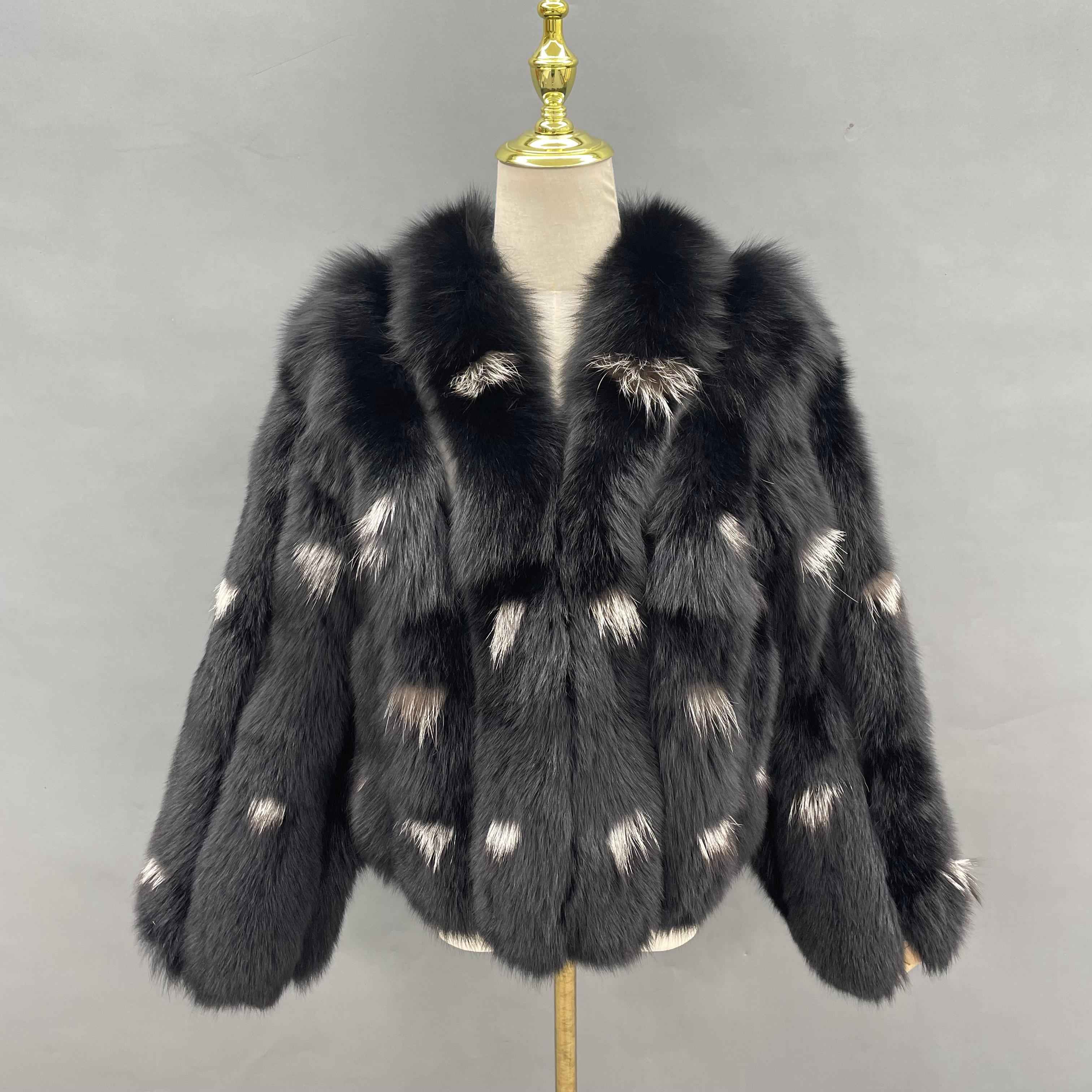 Women’s White Fox Fur Jacket with Black Spots – Elegant V-Neck Short Coat for Luxury Winter Fashion 2#Black