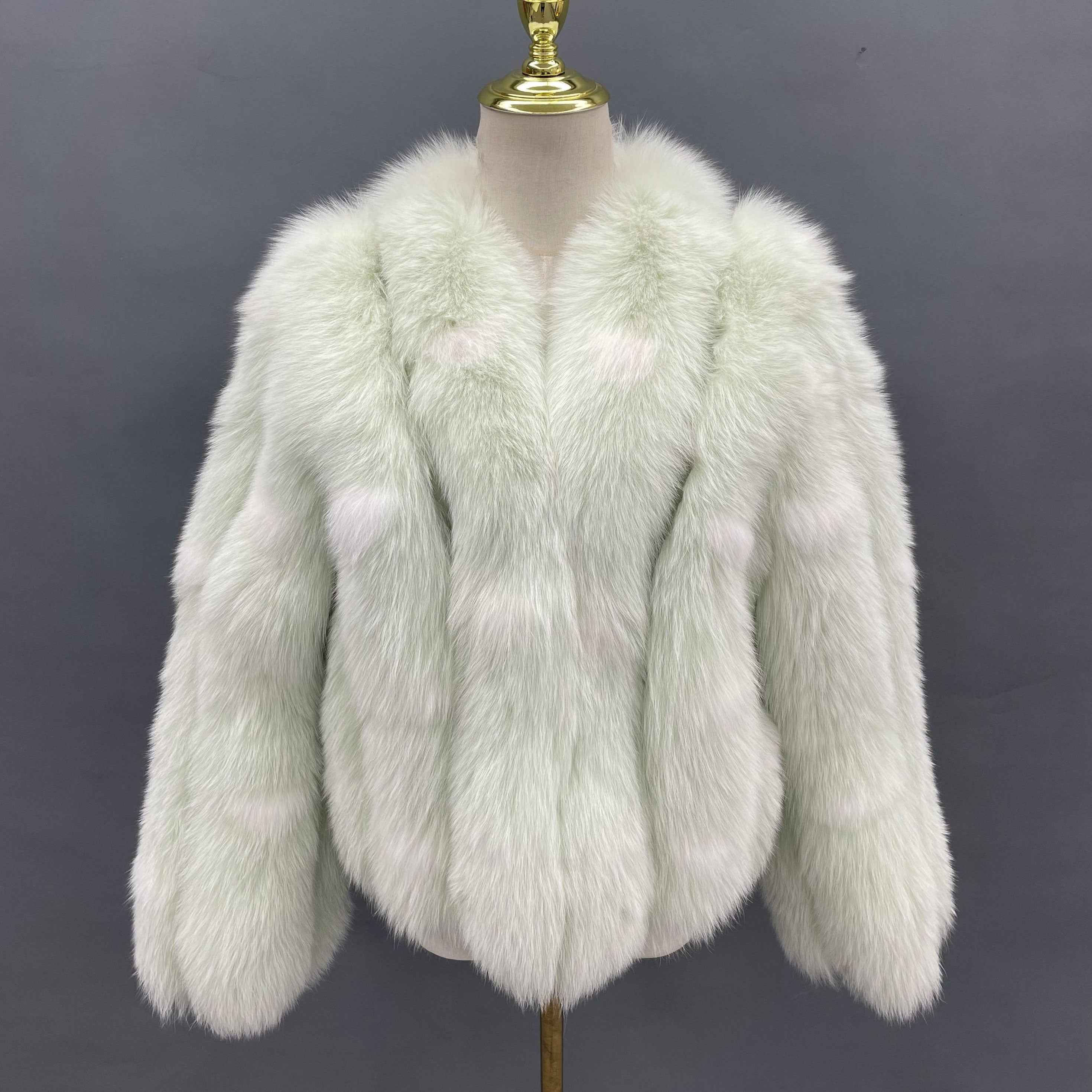 Women’s White Fox Fur Jacket with Black Spots – Elegant V-Neck Short Coat for Luxury Winter Fashion 3#Light Green