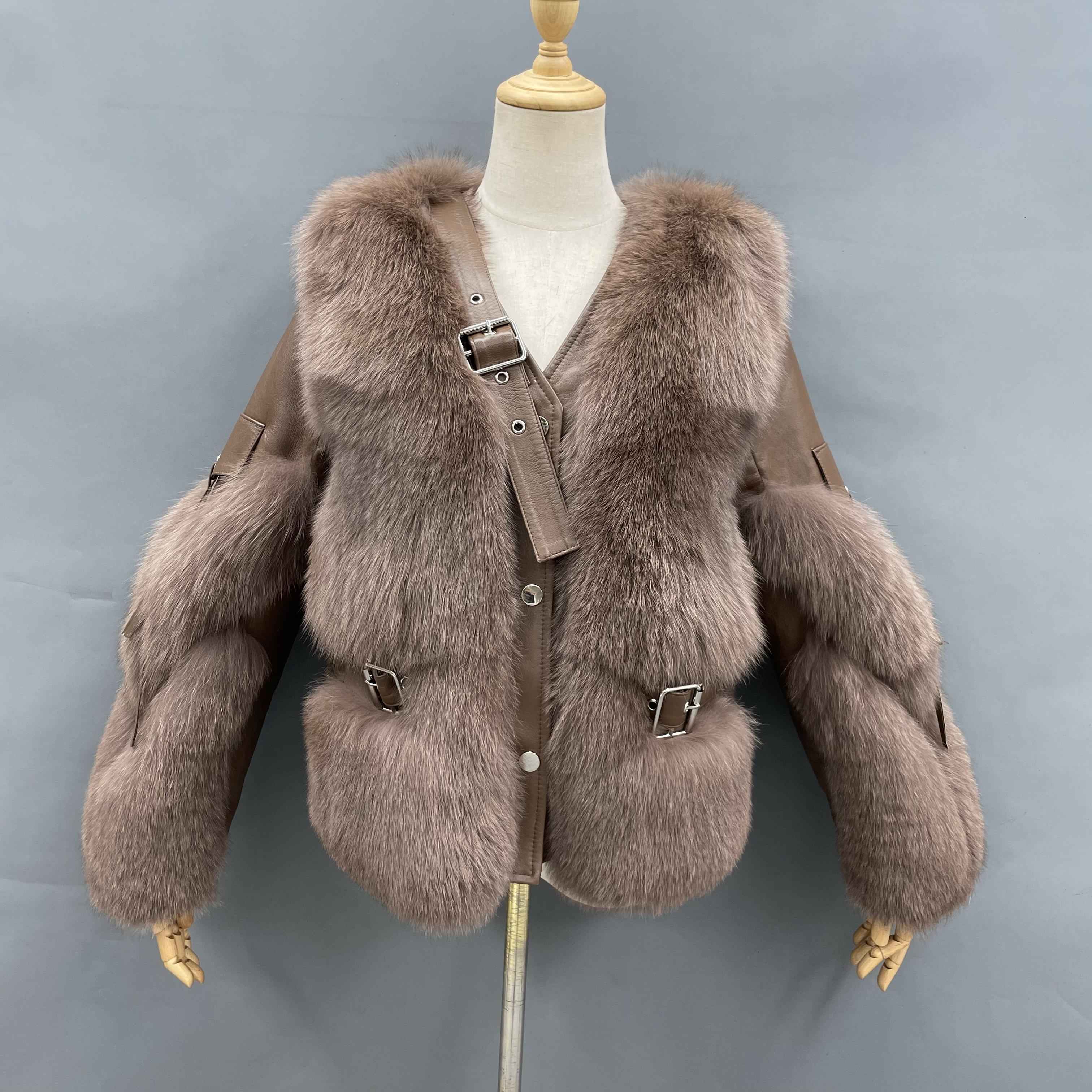 Women's Luxury Fox Fur V-Neck Cropped Jacket with Decorative Leather Strap & Leather Patchwork - Winter Fashion Warm Outerwear Brown