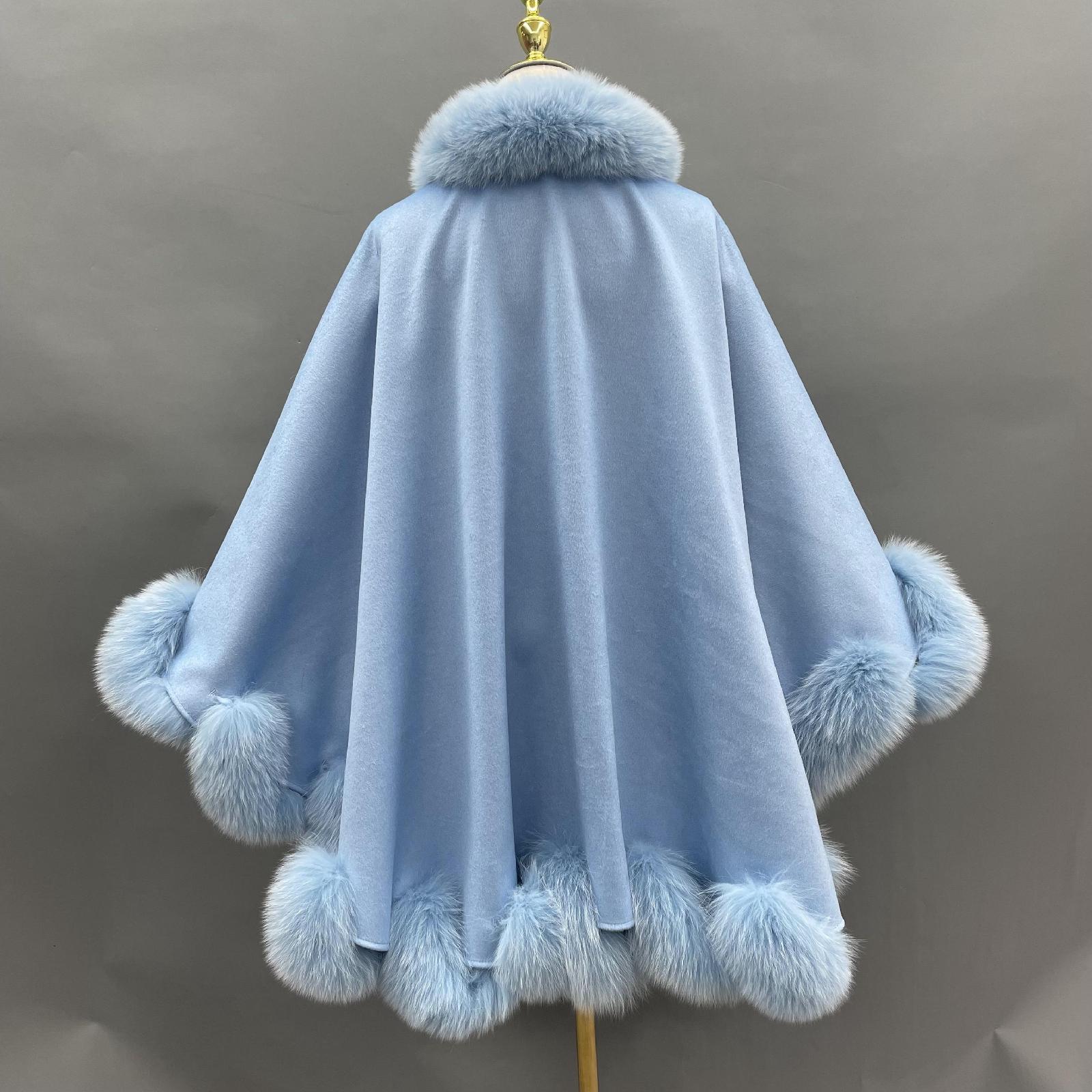 Full Wool Cashmere Cape with Real Fox Fur Fashionable Luxurious Soft Shawl for Women's Coat - Janefur