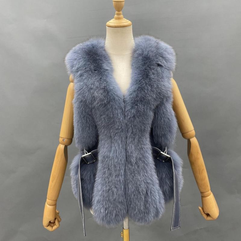 Ladies Fox Fur Vest Leather Buckle Tab - Janefur