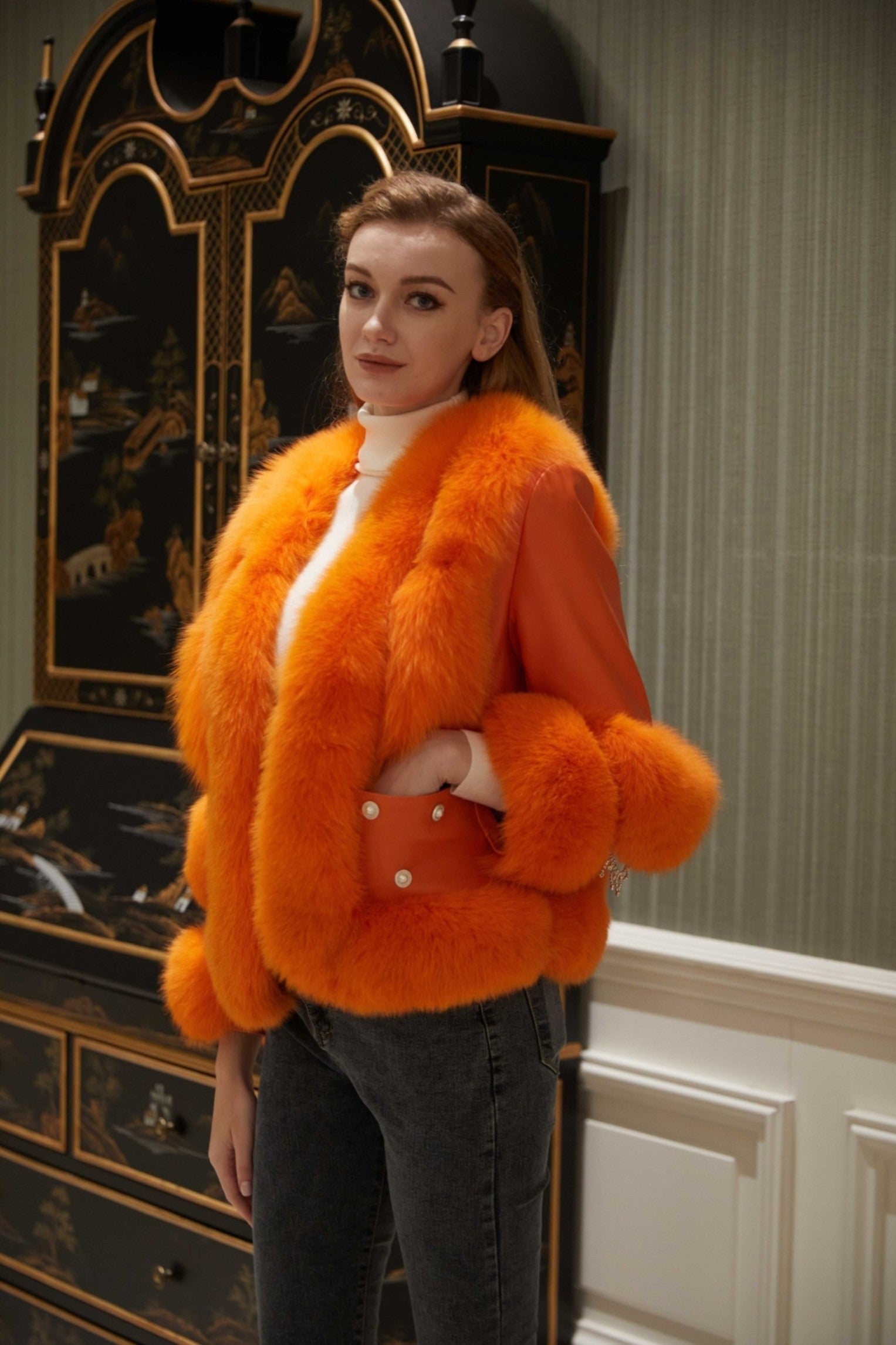 Women's Fox Fur Placket Down Jacket With Pearl Embellished Pockets - Janefur