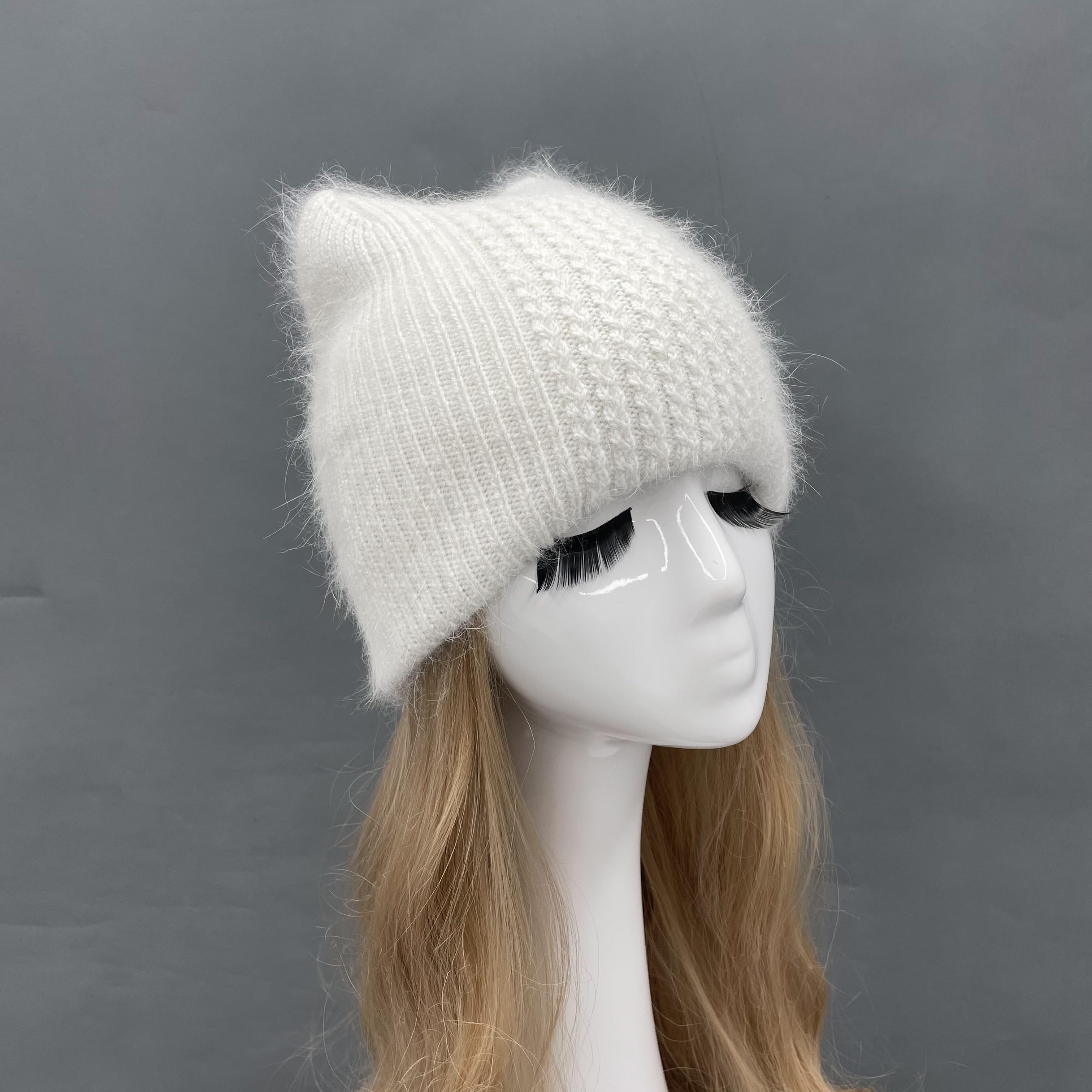 Women Cat Ears Double Layer Knitted Beanie Hat - Janefur