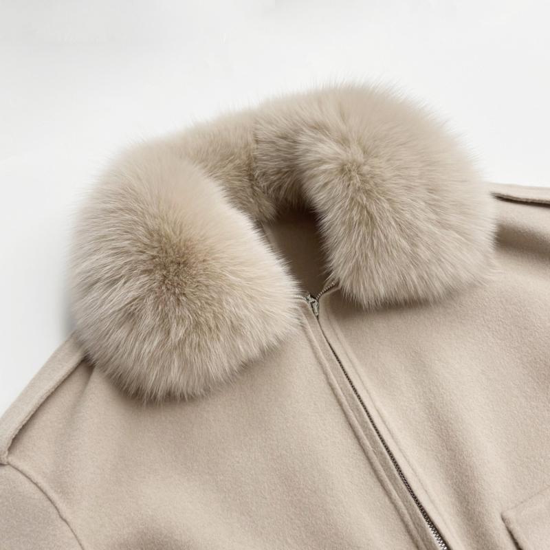 Big Pocket Lapel Fox Fur Cashmere Zipped Jacket - Janefur
