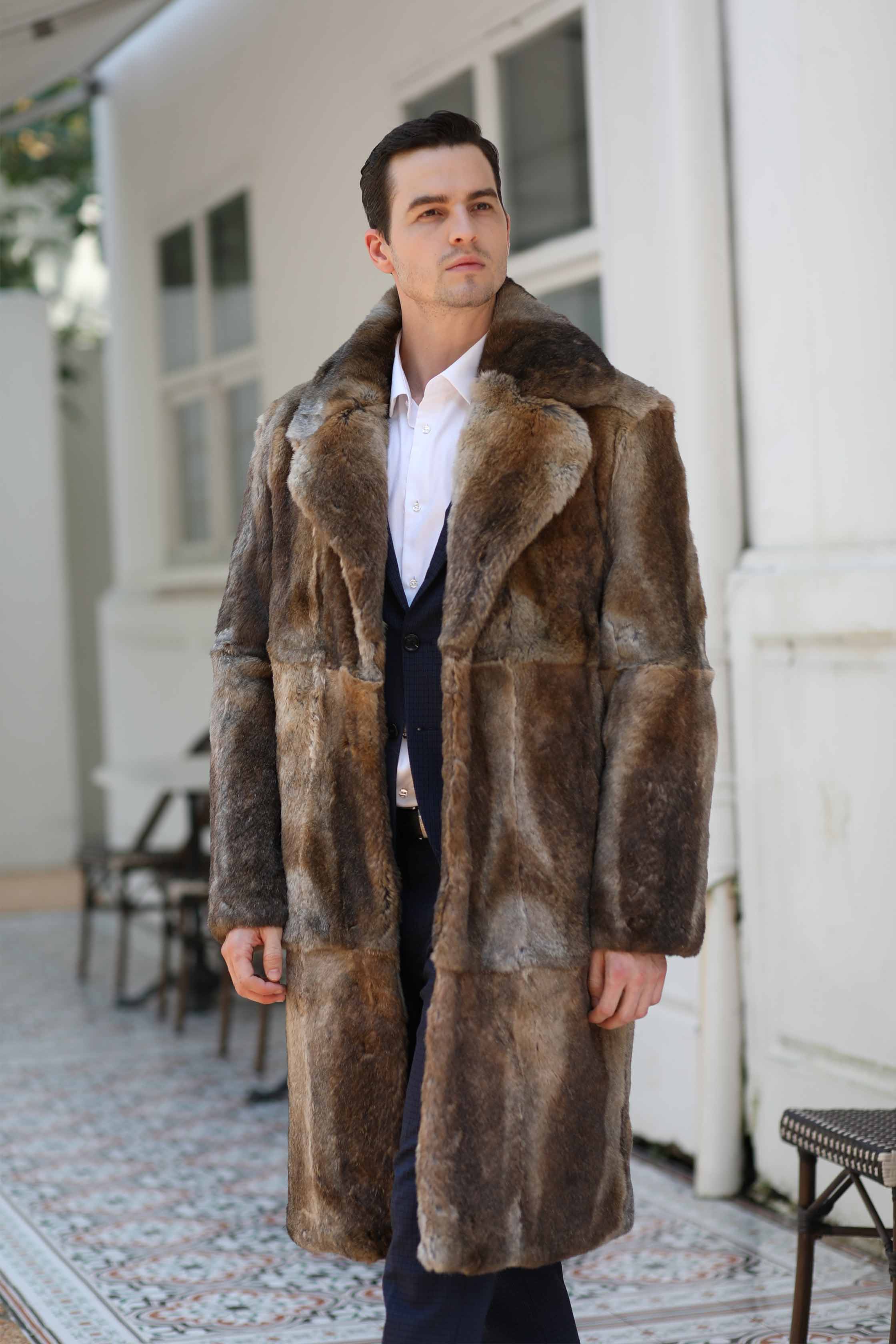 High Quality Men's Real Natural Fur Long Coat With Lapel Men's Rabbit Fur Coat - Janefur