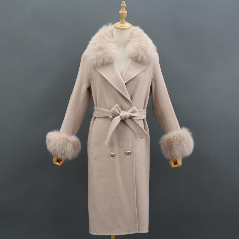Women's Long Cashmere Coat With Fox Fur Collar And Belt - Janefur