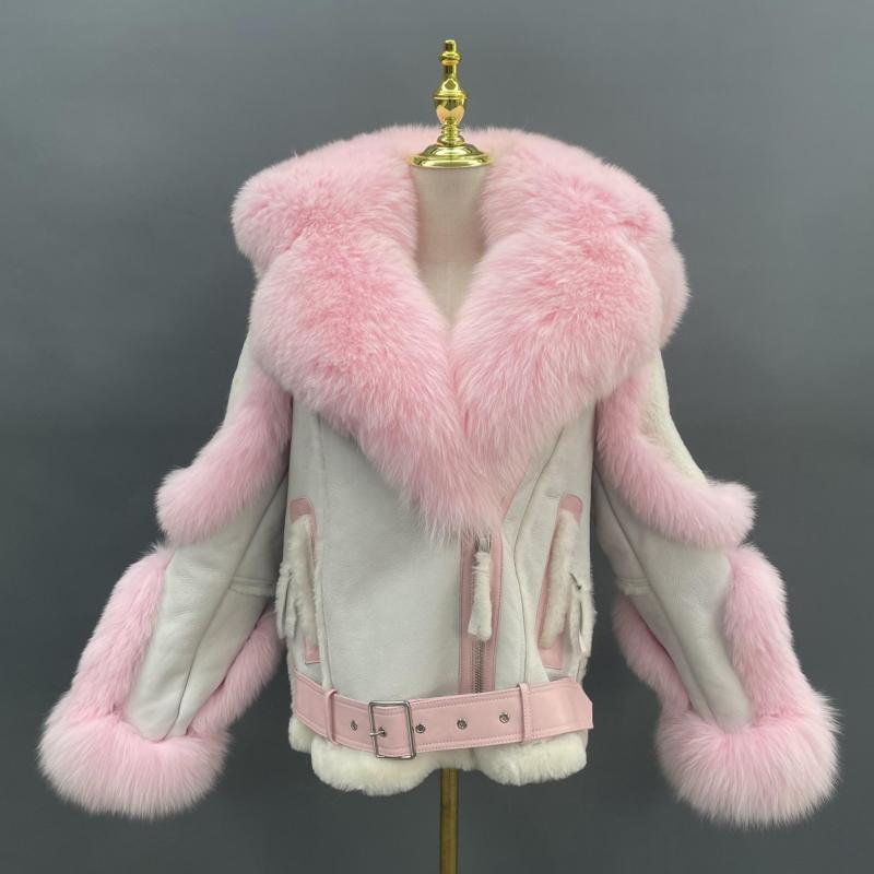 Custom Design Fox Fur Trim Coat Big Fox fur Collar Hooded Women Sheepskin Shearling Jacket - Janefur