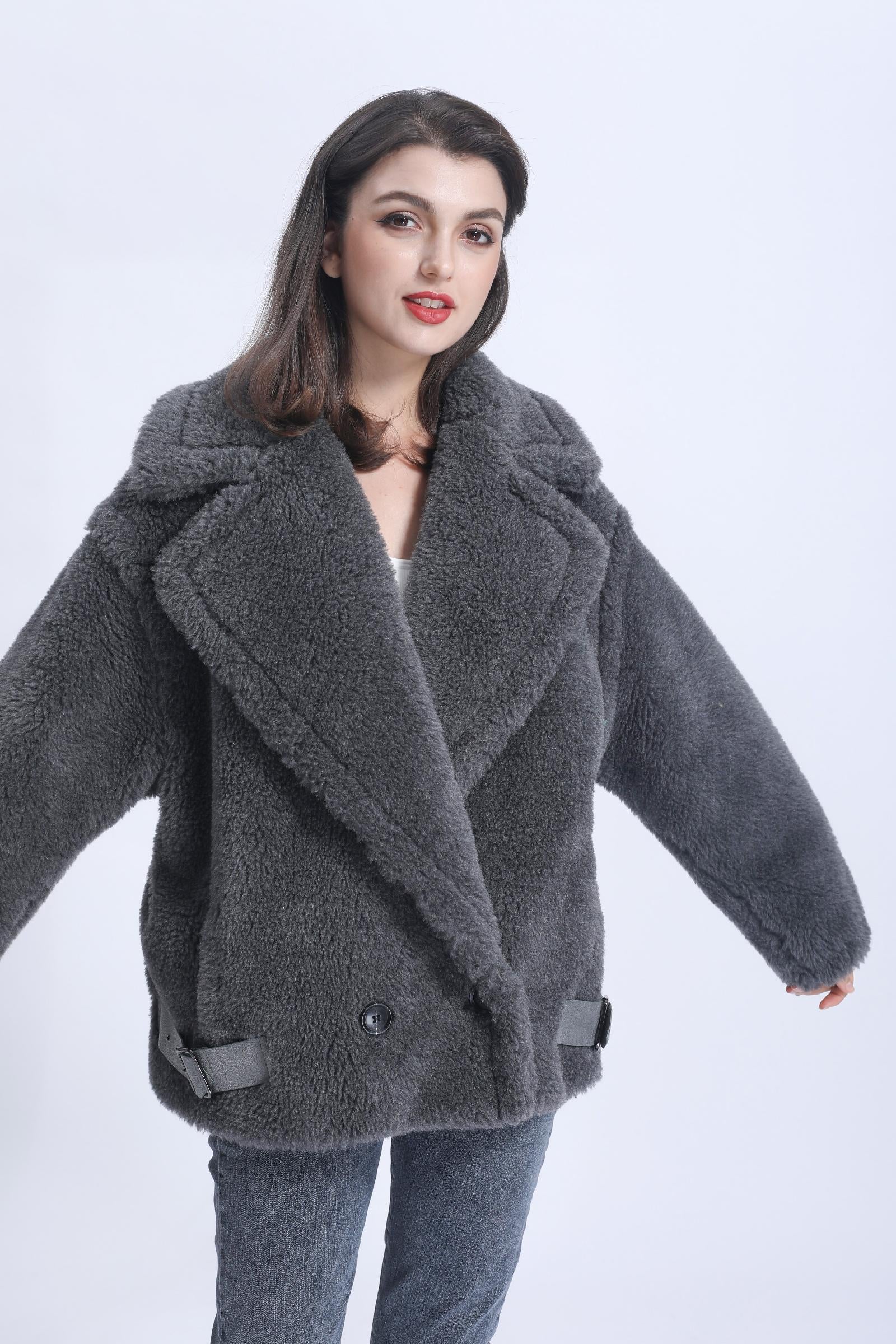 Womens' Teddy Shearling Coat with Leather Button Hem and Double-breasted Lamb Wool Jacket Spring Fur Coat - Janefur