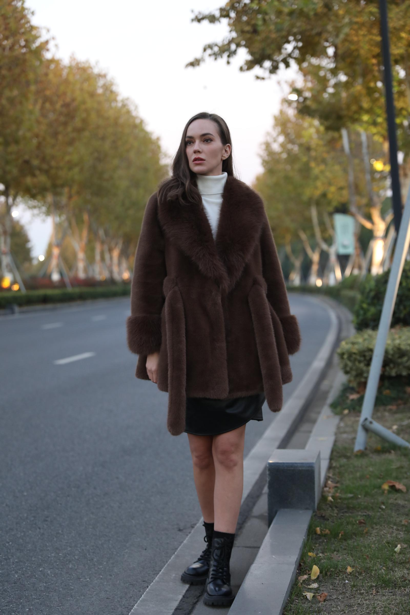 Women's New Brown Stylish Lapel Faux Fur Mink Coat - Janefur