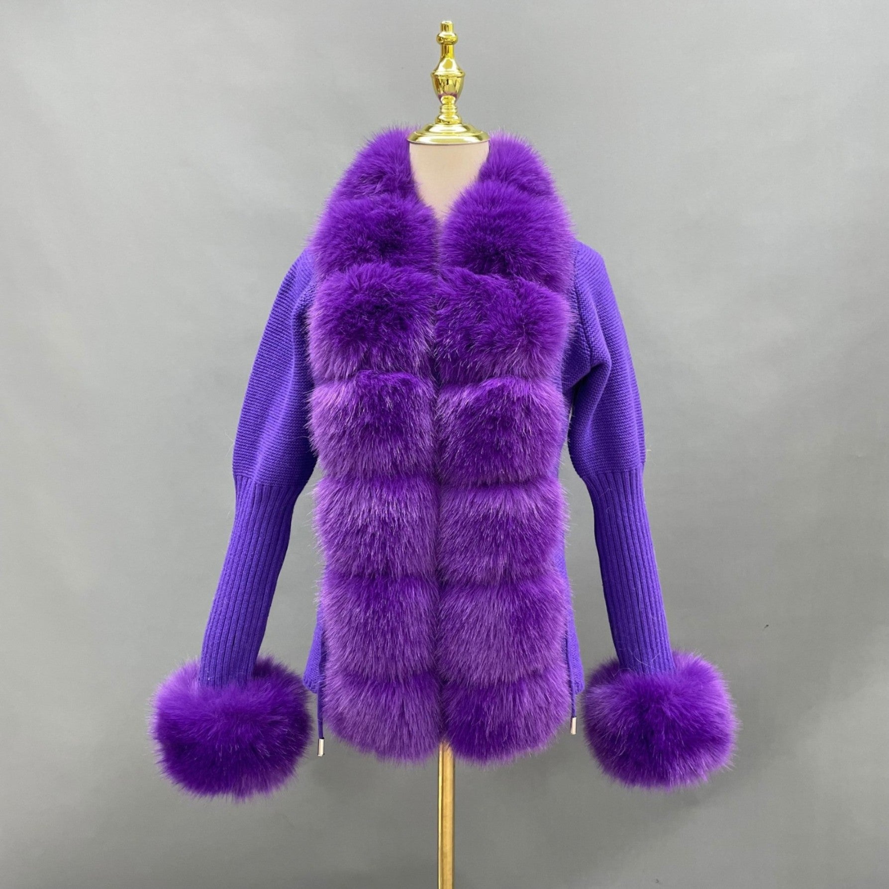 Women's Knitted Sweater Coat Cuff Placket with Eco-Fur Faux Fur - Janefur