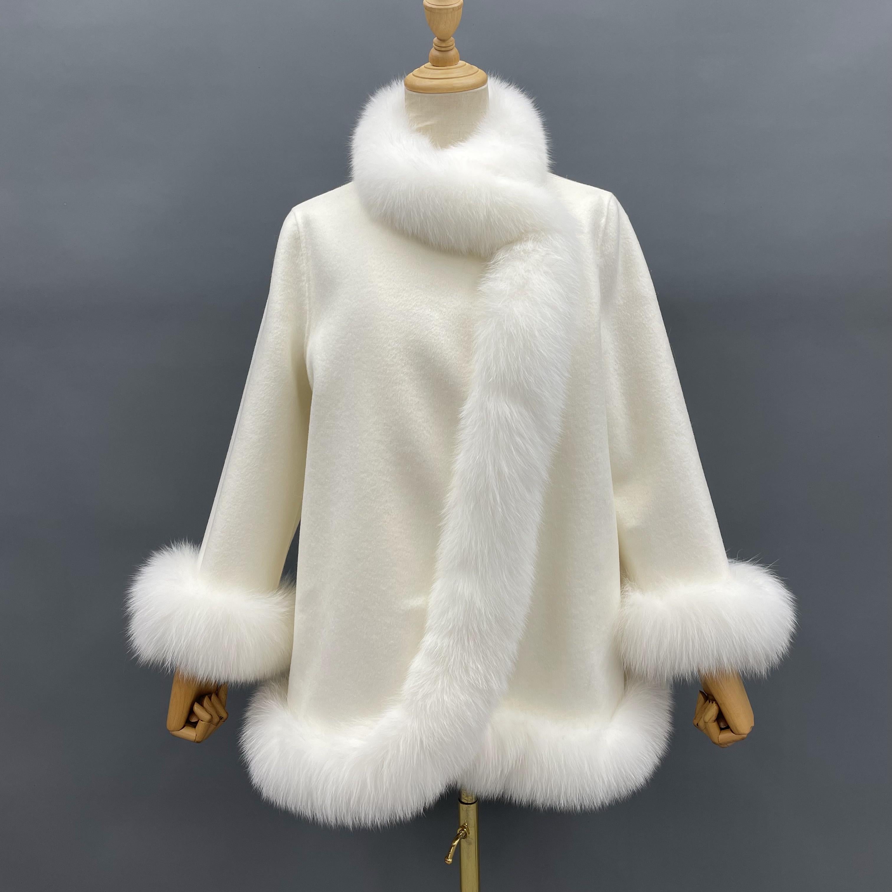 Women Elegant Style Cashmere Coat with Fox Fur Trim Shawl - Janefur