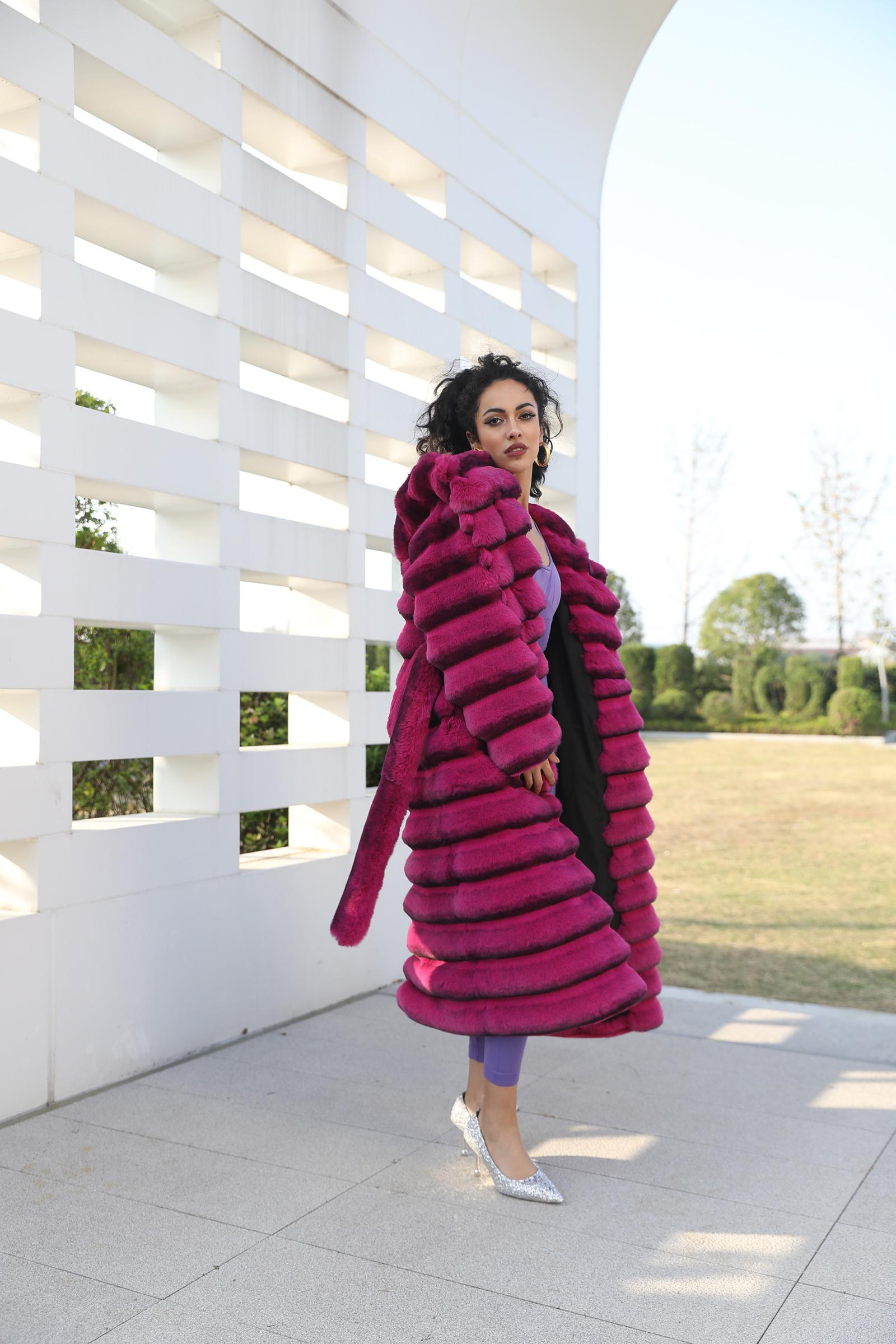 Eco Friendly Faux Fur Jacket with Hood Women's Fashionable Long Coat with Chinchilla Pattern - Janefur