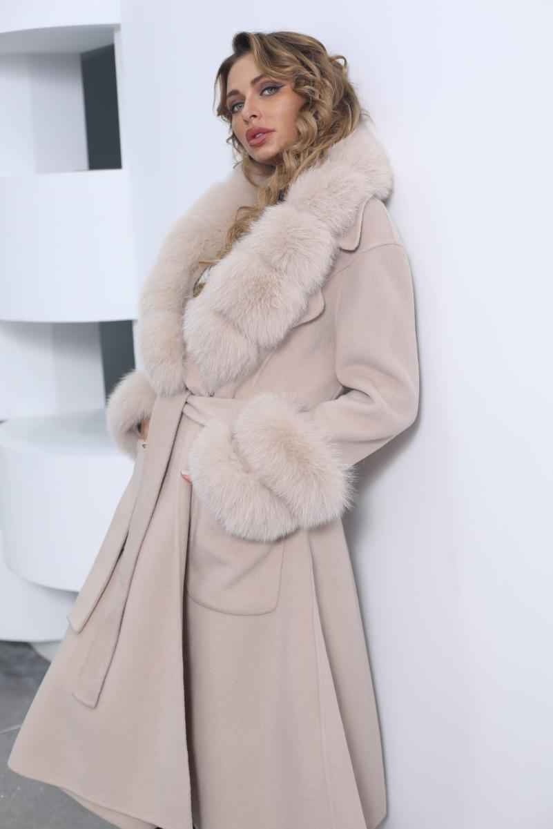 Skirt Hem Mandarin Collar with Sleeves and Two-section Fur Double-faced Wool - Janefur