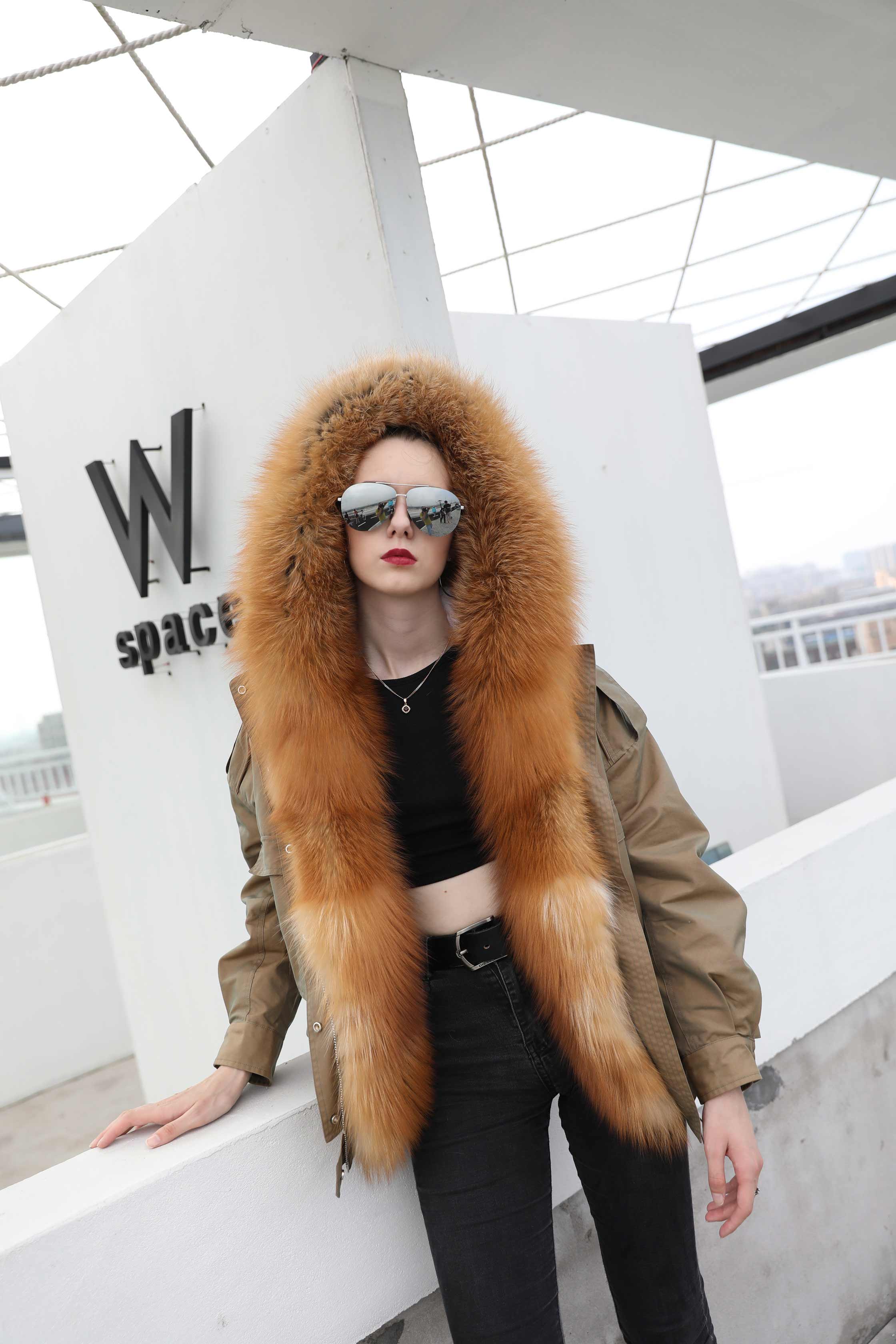 Winter Fur Hooded Coat Lamb Lining With Fox Fur Collar Long Women's Parka - Janefur