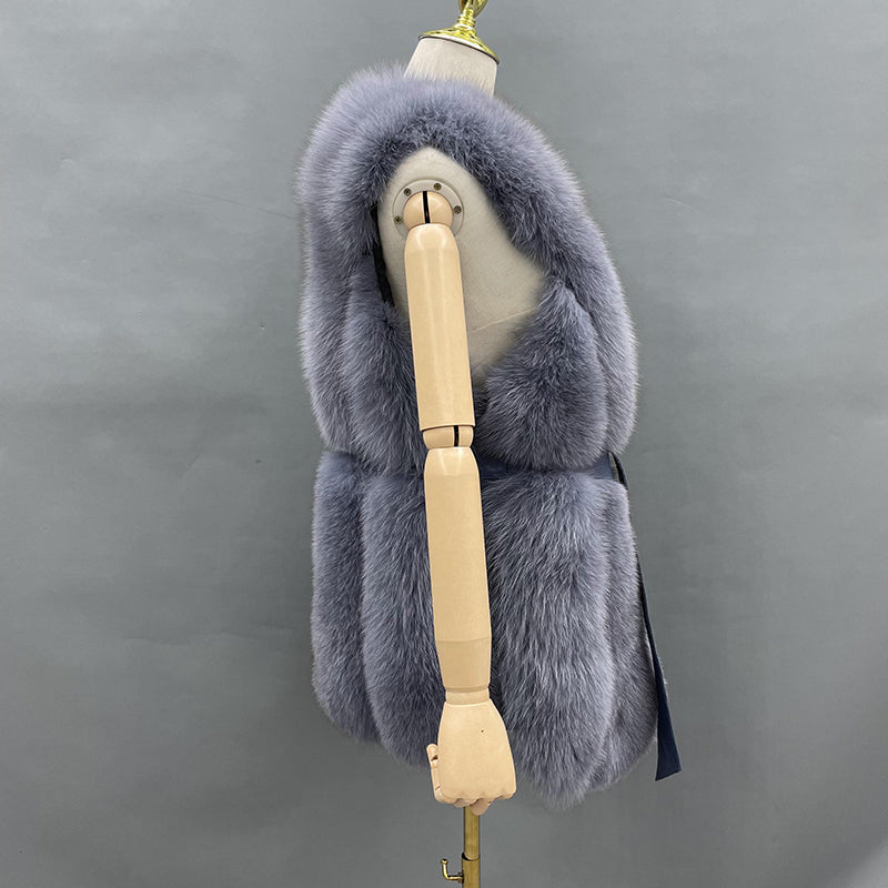 Fall And Winter Women Fox Fur Vest Belt Style Trend Vest - Janefur