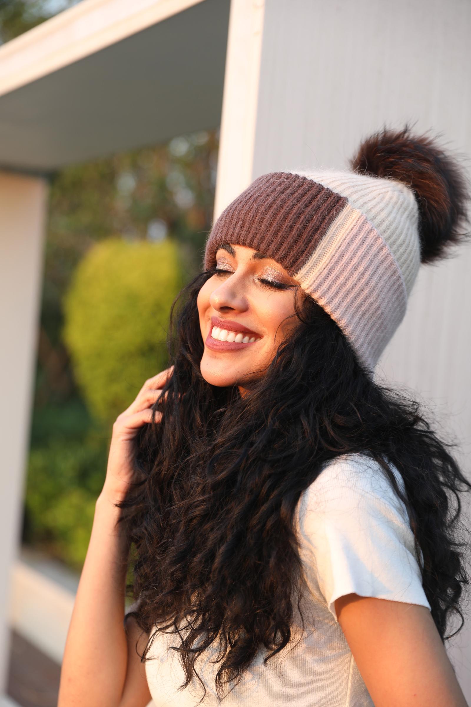 Women's Color-Blocked Trendy Rabbit Fur Hat with Pom Poms for Warmth - Janefur
