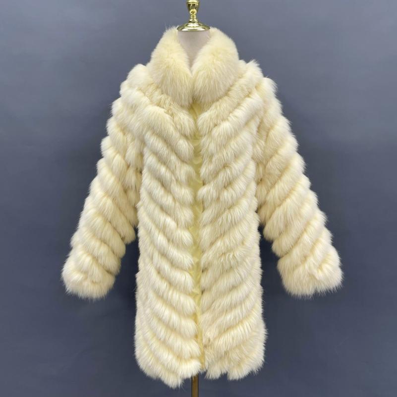 Reversible Long Jacket With Fox Fur And Diagonal Stripes - Janefur