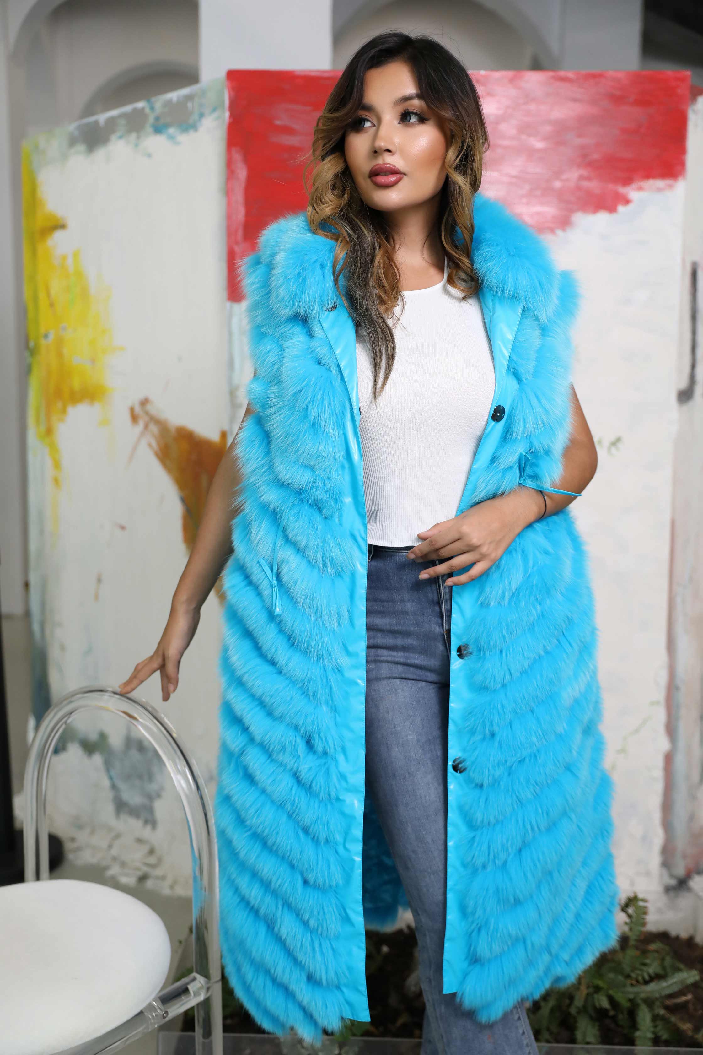 Women's Long Style Real Fox Fur Vest Wear Two Sides - Janefur